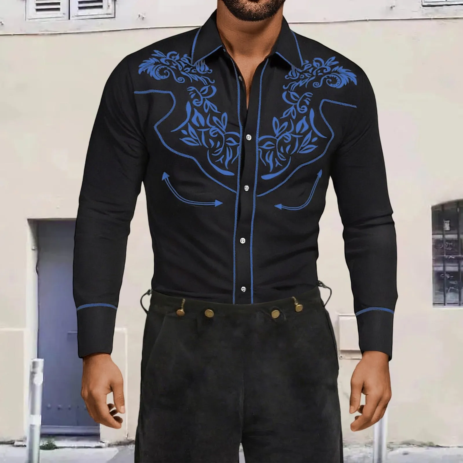 Mymyguoe Camicia western, da uomo, con stampa ricamata, da cowboy, slim fit, con ricamo, da cowboy cowboy country, Western Shirts Button Down Hippie Western Camicia da cowboy, Q2 Blu, M - immagine 2