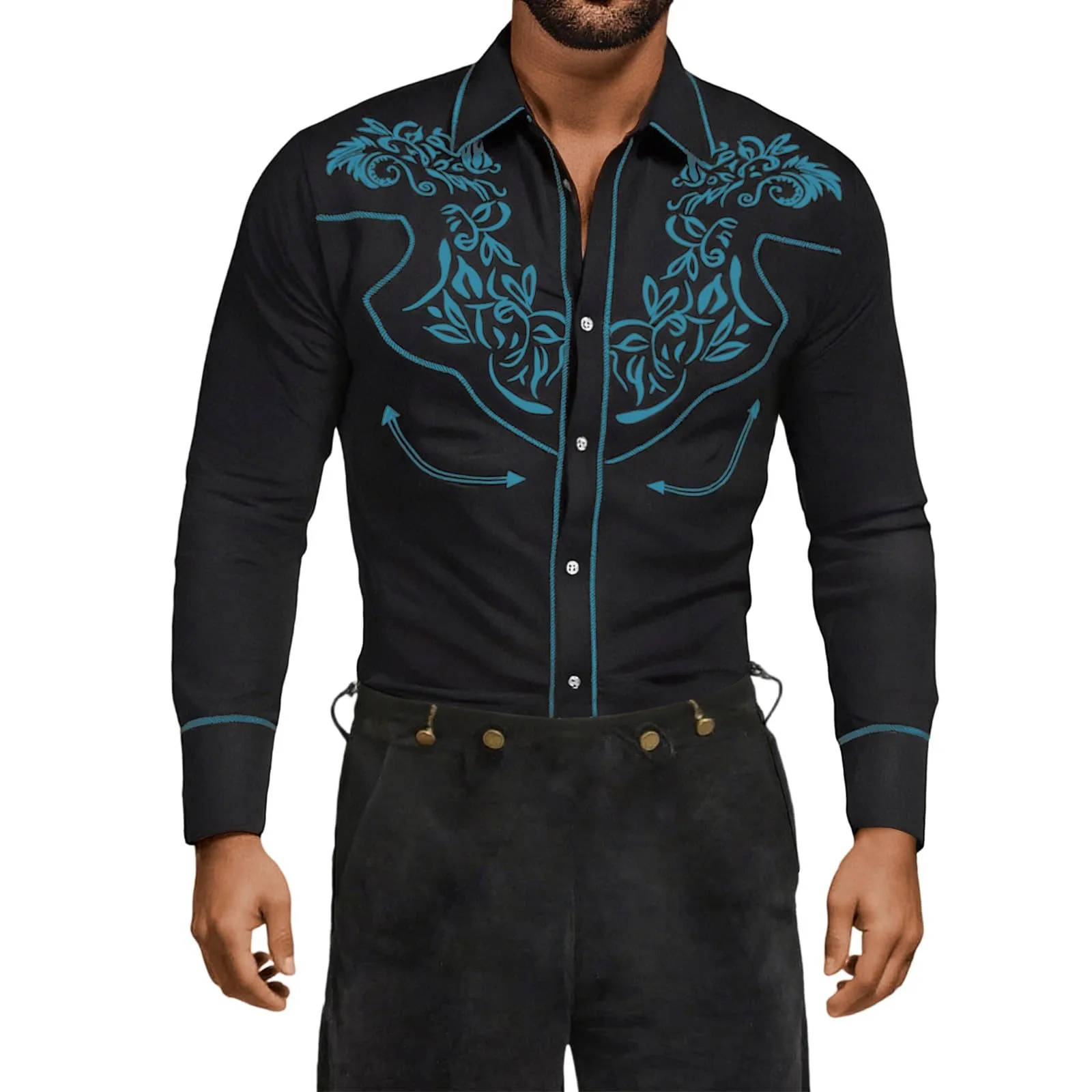 Mymyguoe Camicia western, da uomo, con stampa ricamata, da cowboy, slim fit, con ricamo, da cowboy cowboy country, Western Shirts Button Down Hippie Western Camicia da cowboy, Q2 azzurro, XL - immagine 5