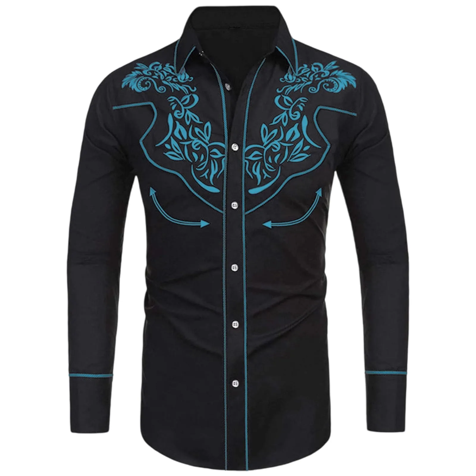Mymyguoe Camicia western, da uomo, con stampa ricamata, da cowboy, slim fit, con ricamo, da cowboy cowboy country, Western Shirts Button Down Hippie Western Camicia da cowboy, Q2 azzurro, XXL - immagine 1