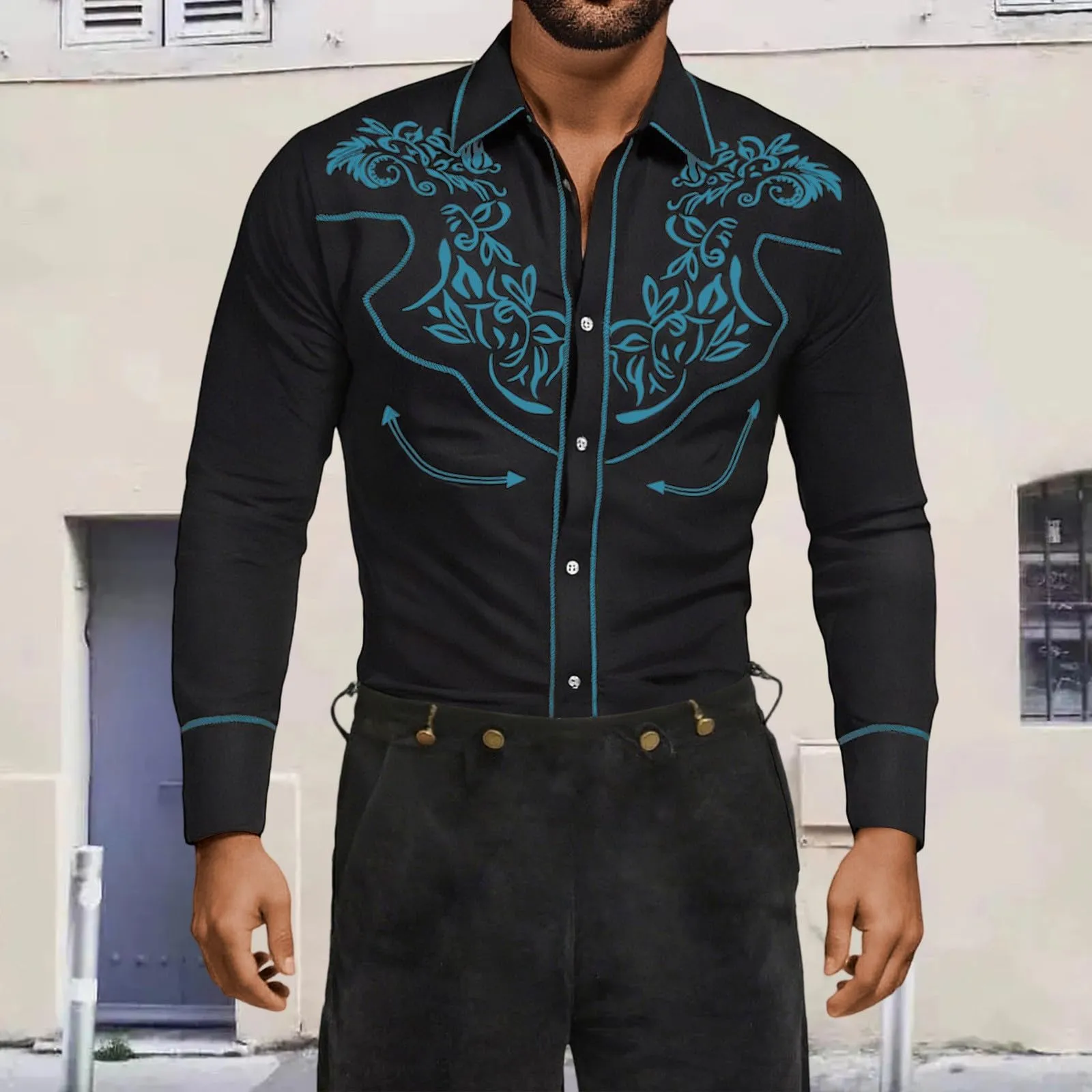 Mymyguoe Camicia western, da uomo, con stampa ricamata, da cowboy, slim fit, con ricamo, da cowboy cowboy country, Western Shirts Button Down Hippie Western Camicia da cowboy, Q2 azzurro, S - immagine 2