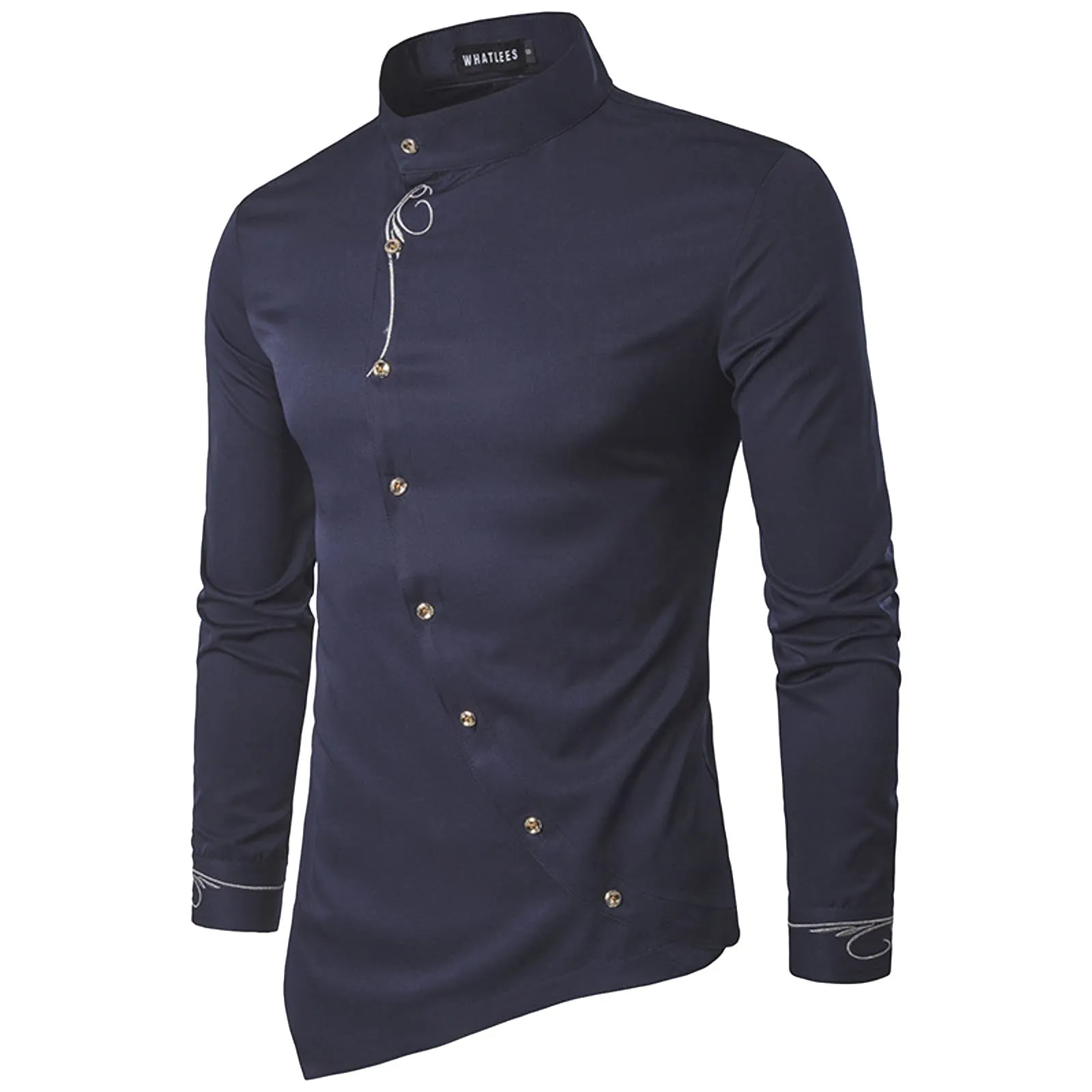 Mymyguoe Camicia ricamata da uomo per matrimonio Play Shirt Slim Fit Gothic Abbigliamento Matrimonio Play Shirt Camicia da uomo Camicia asimmetrica a maniche lunghe chic colletto alto business camicia - immagine 2