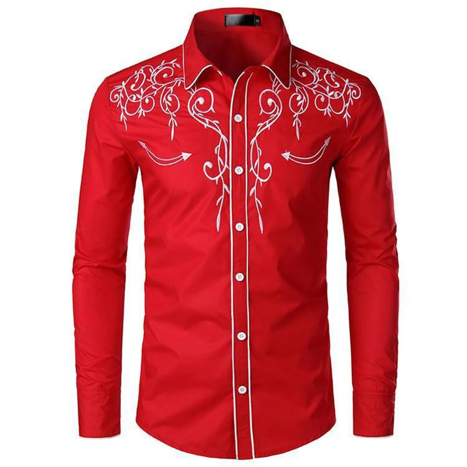 Mymyguoe Camicia western, da uomo, con stampa ricamata, da cowboy, slim fit, con ricamo, da cowboy cowboy country, Western Shirts Button Down Hippie Western Camicia da cowboy, Q3 rosso, 3XL - immagine 2