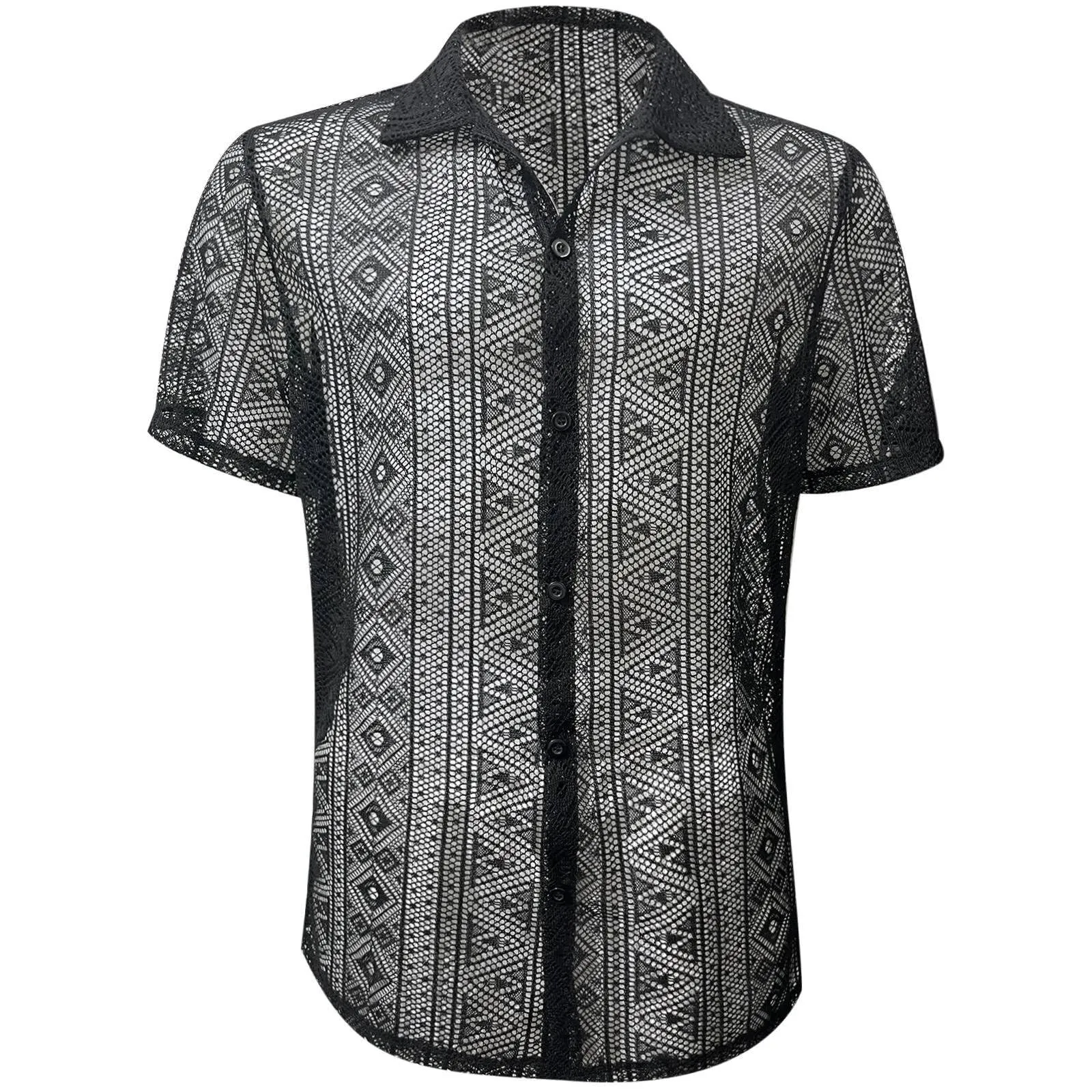 Duohropke Camicia a maniche lunghe da uomo, trasparente, in rete, con bottoni, sexy, erotica, 02 nero, XL - immagine 2