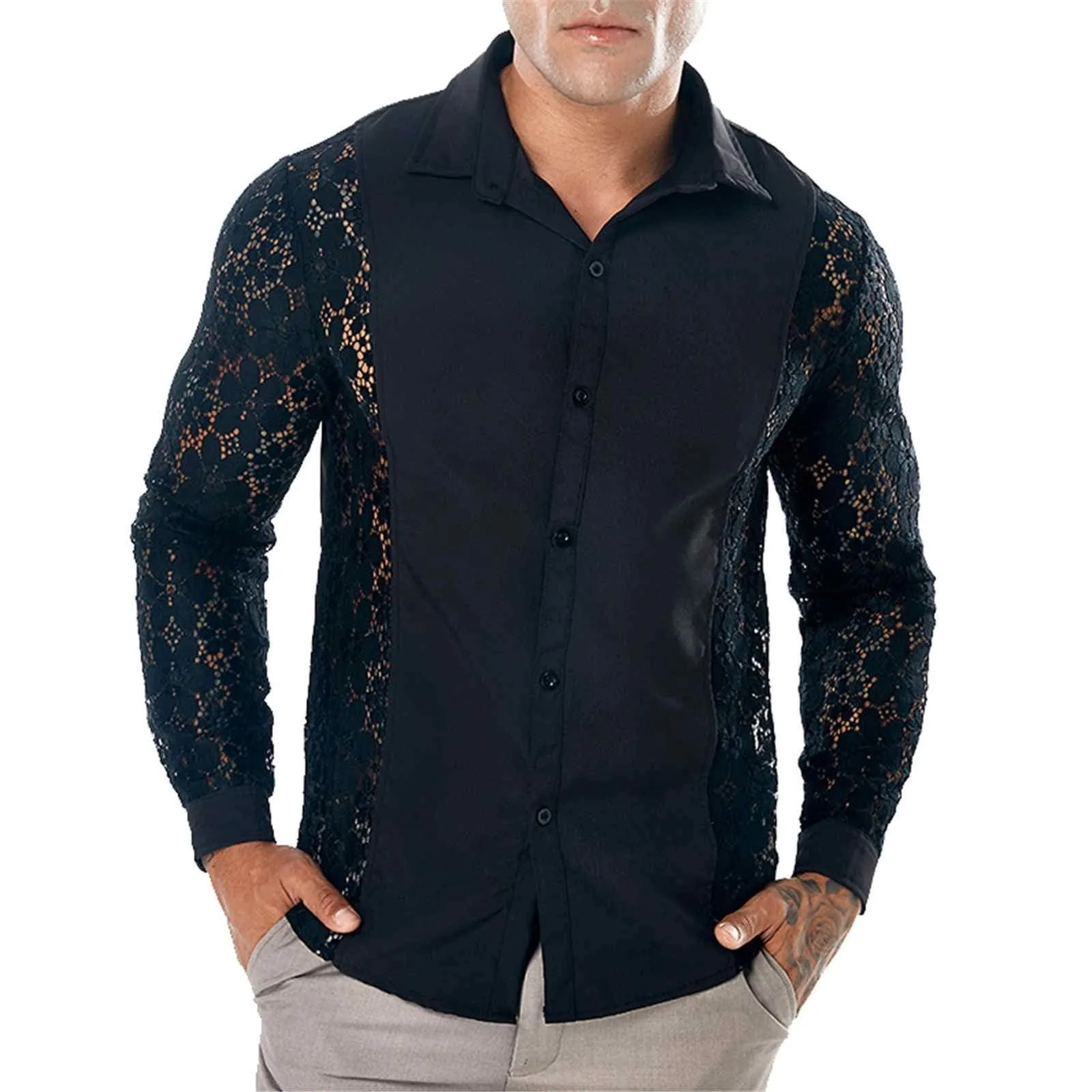 Duohropke Camicia a maniche lunghe da uomo, trasparente, in rete, con bottoni, sexy, erotica, 03 nero., M - immagine 1
