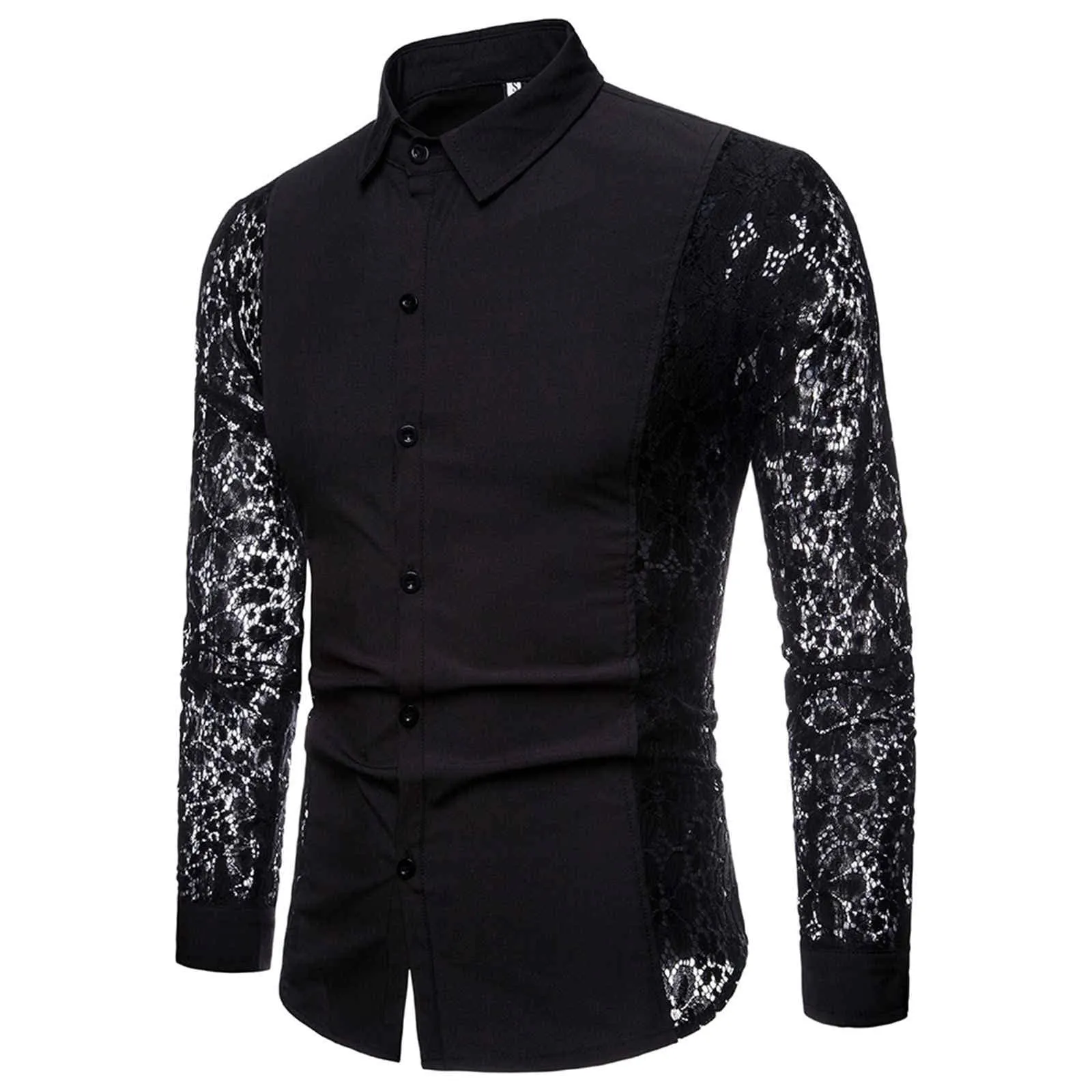 Duohropke Camicia a maniche lunghe da uomo, trasparente, in rete, con bottoni, sexy, erotica, 03 nero., XL - immagine 2