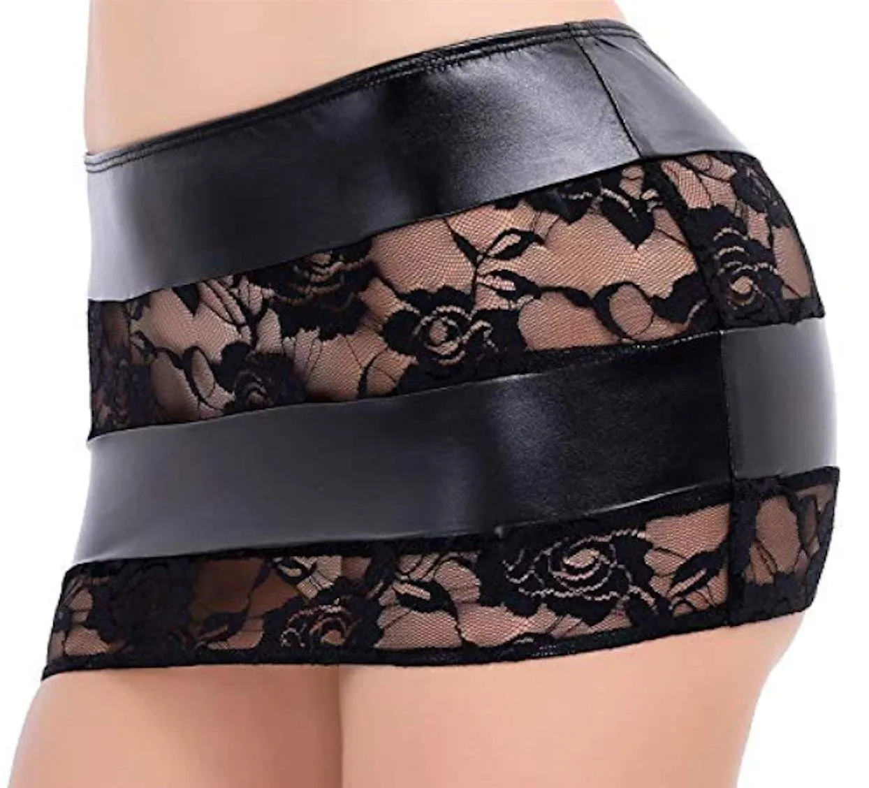 Verano Minigonna Corta Elasticizzata da Donna, Effetto Bagnato, Con Pizzo, Nero, M - immagine 1