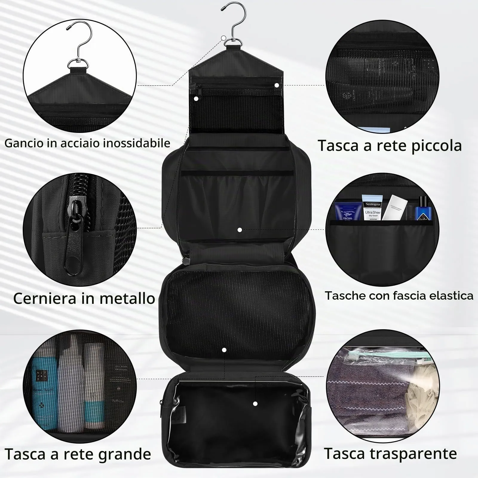 jiemei Hanging Toilettry Bag impermeabile, Travel Wash Bag per gli uomini e le donne con 4 scomparti, Pieghevole Compact Size, Super Durable Tessuto - immagine 2
