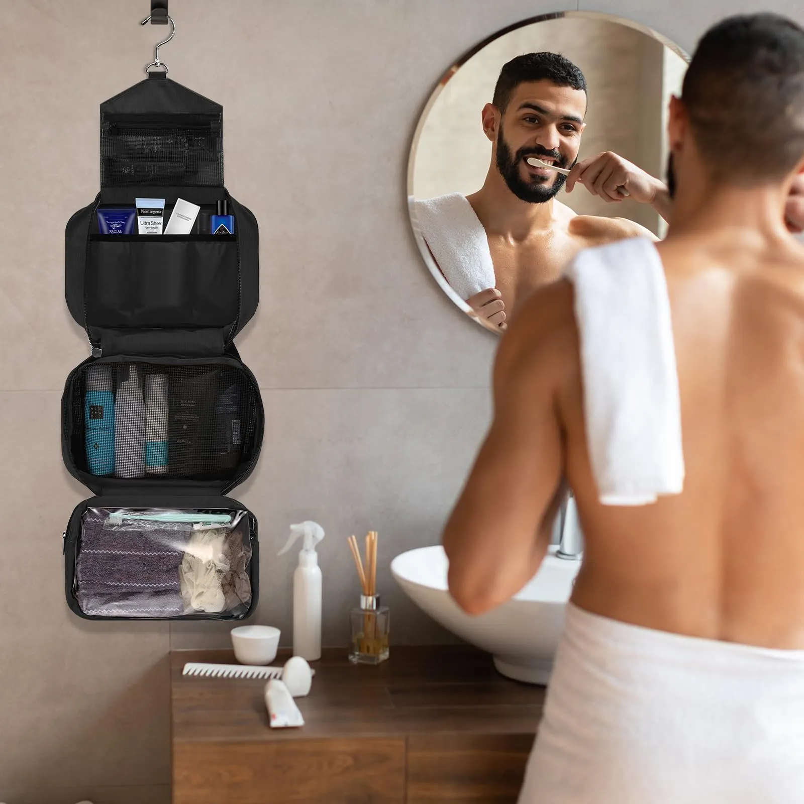 jiemei Hanging Toilettry Bag impermeabile, Travel Wash Bag per gli uomini e le donne con 4 scomparti, Pieghevole Compact Size, Super Durable Tessuto - immagine 5
