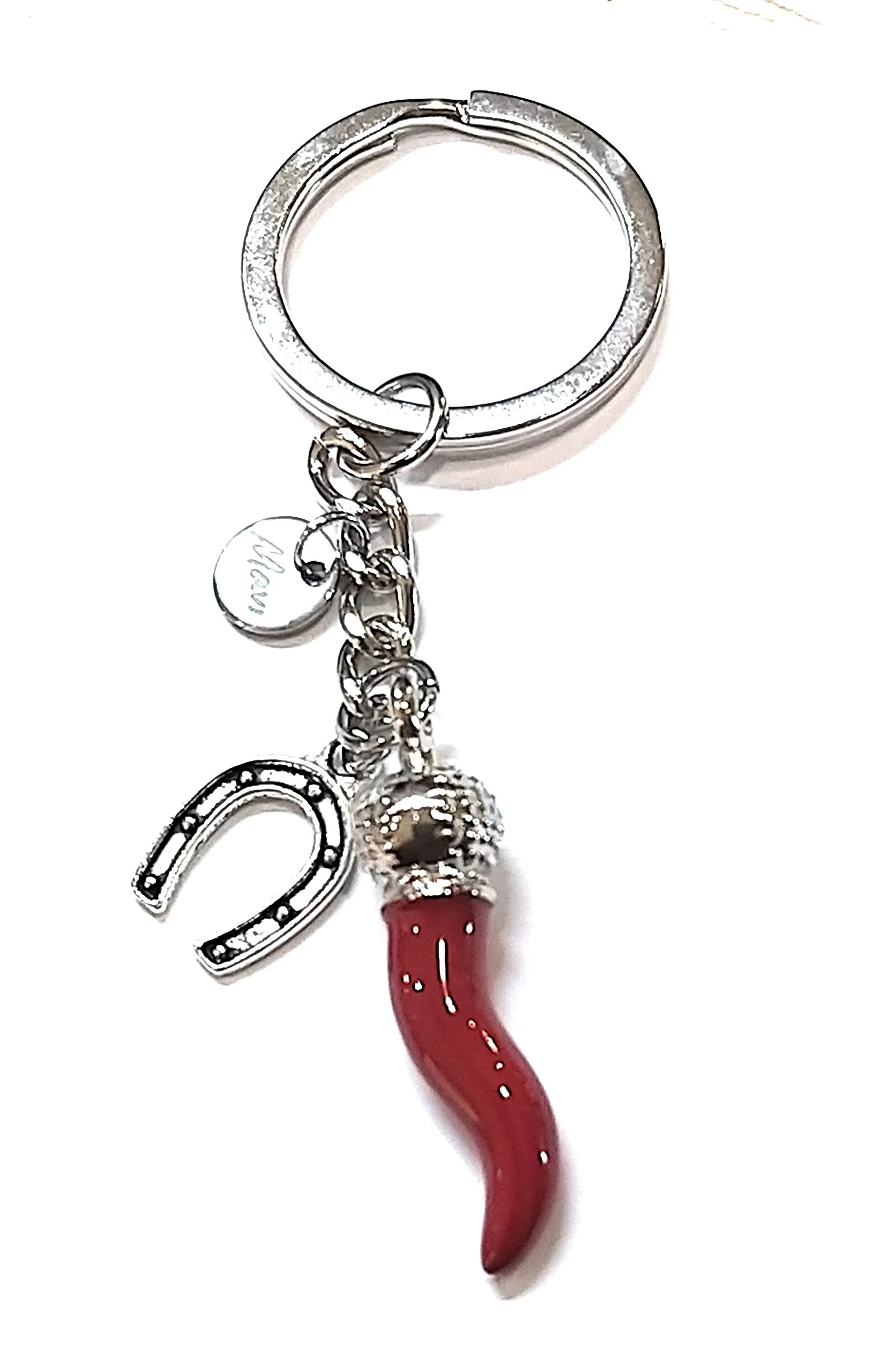 Portachiavi uomo donna in acciaio con pendente corno portafortuna personalizzato scritta/corna/zampa/albero della vita/mano di fatima /made in italy/spedizione gratuita (corno e ciampa di cavallo) - immagine 1
