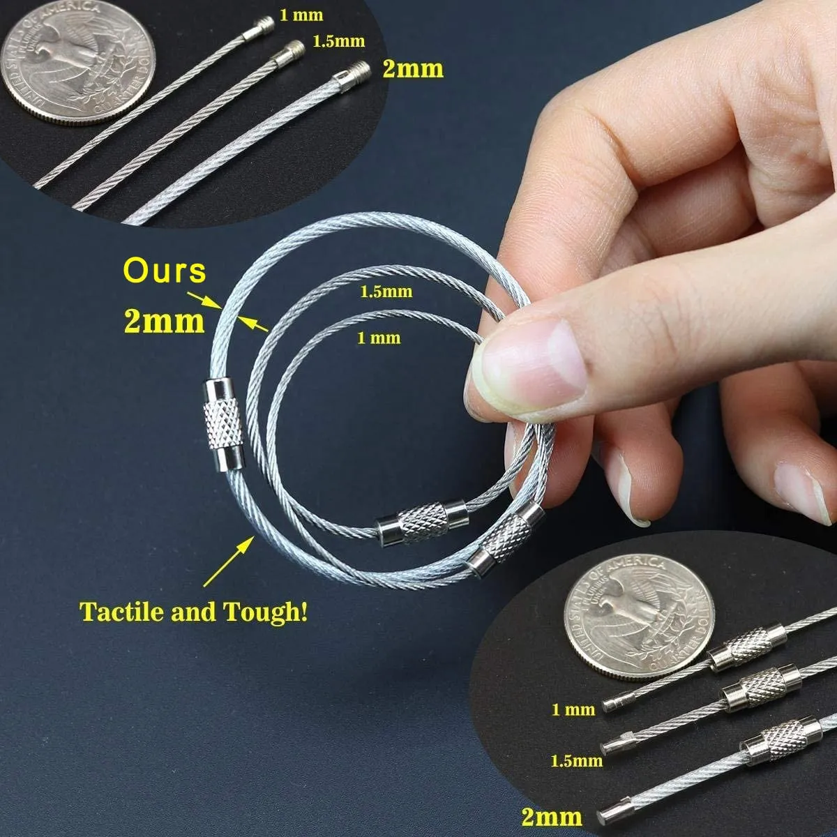Greluma 36 pezzi Portachiavi Portachiavi in ​​filo di acciaio inossidabile Cavo Etichette per bagagli pesanti Passanti Tag Keepers 2mm Twist Barrel-10cm/4 Long - immagine 2