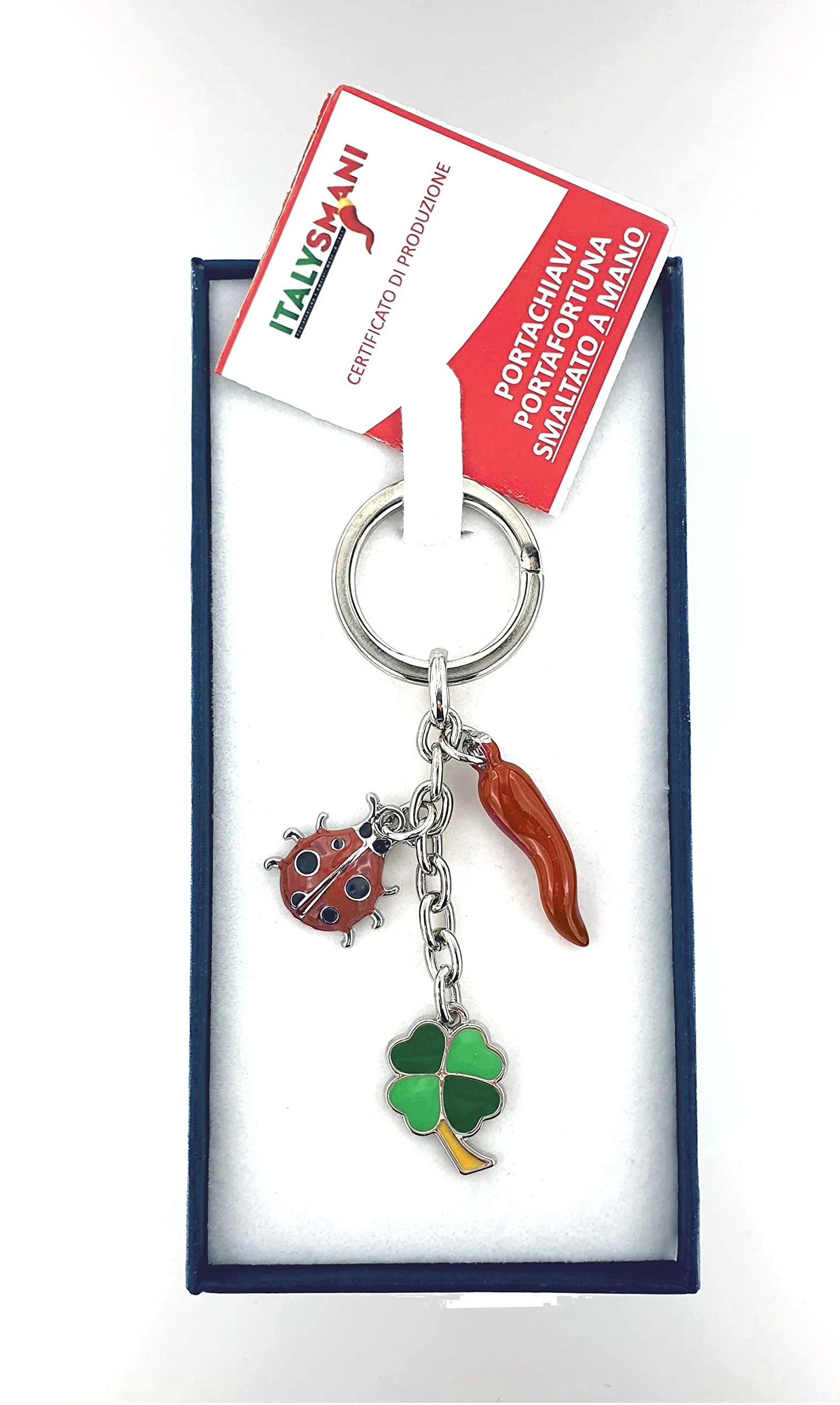 Portachiavi Tris Fortuna - Quadrifoglio + Corno + Coccinella Made in Italy - immagine 3
