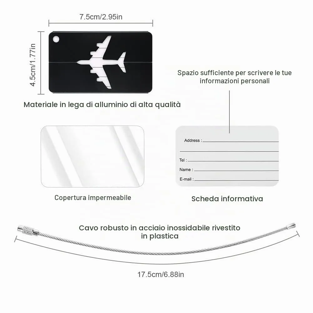 Vicloon Viaggio Bagagli Tag, 2PCS Etichette per Bagagli in Alluminio con Anelli in Acciaio, Etichetta per Valigie Impermeabile per Identificare Bagagli, per Aereo Bagaglio, Borse Sportive, Zaini, Nero - immagine 2