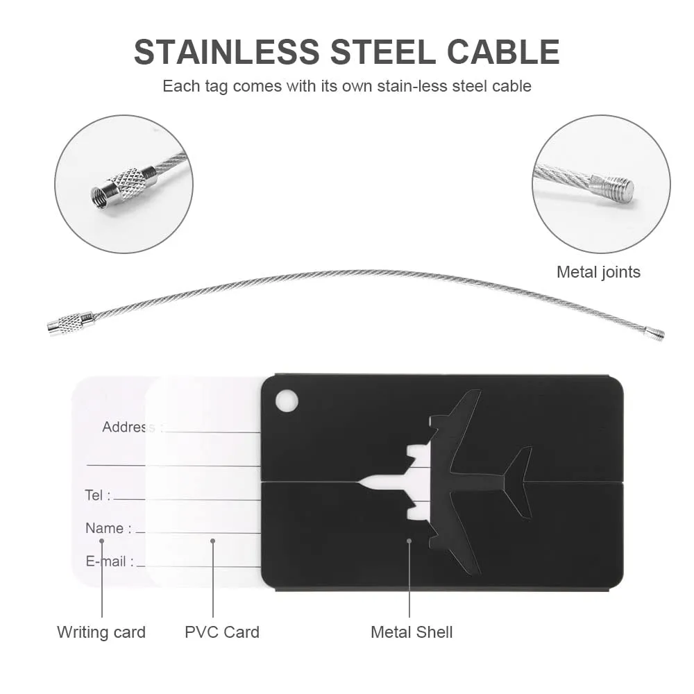 Vicloon Viaggio Bagagli Tag, 2PCS Etichette per Bagagli in Alluminio con Anelli in Acciaio, Etichetta per Valigie Impermeabile per Identificare Bagagli, per Aereo Bagaglio, Borse Sportive, Zaini, Nero - immagine 3
