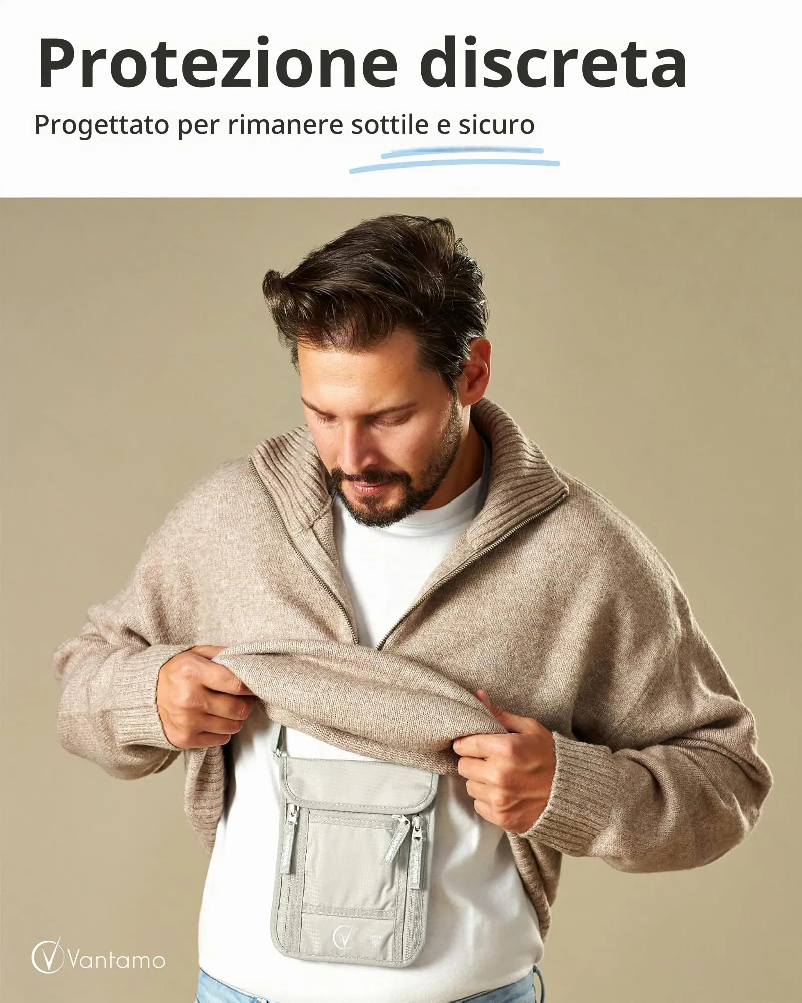 Vantamo Porta passaporto sottile per viaggi, protezione RFID, per uomini e donne, adatto per telefono, documenti e carte, Grigio Nuvola - immagine 2