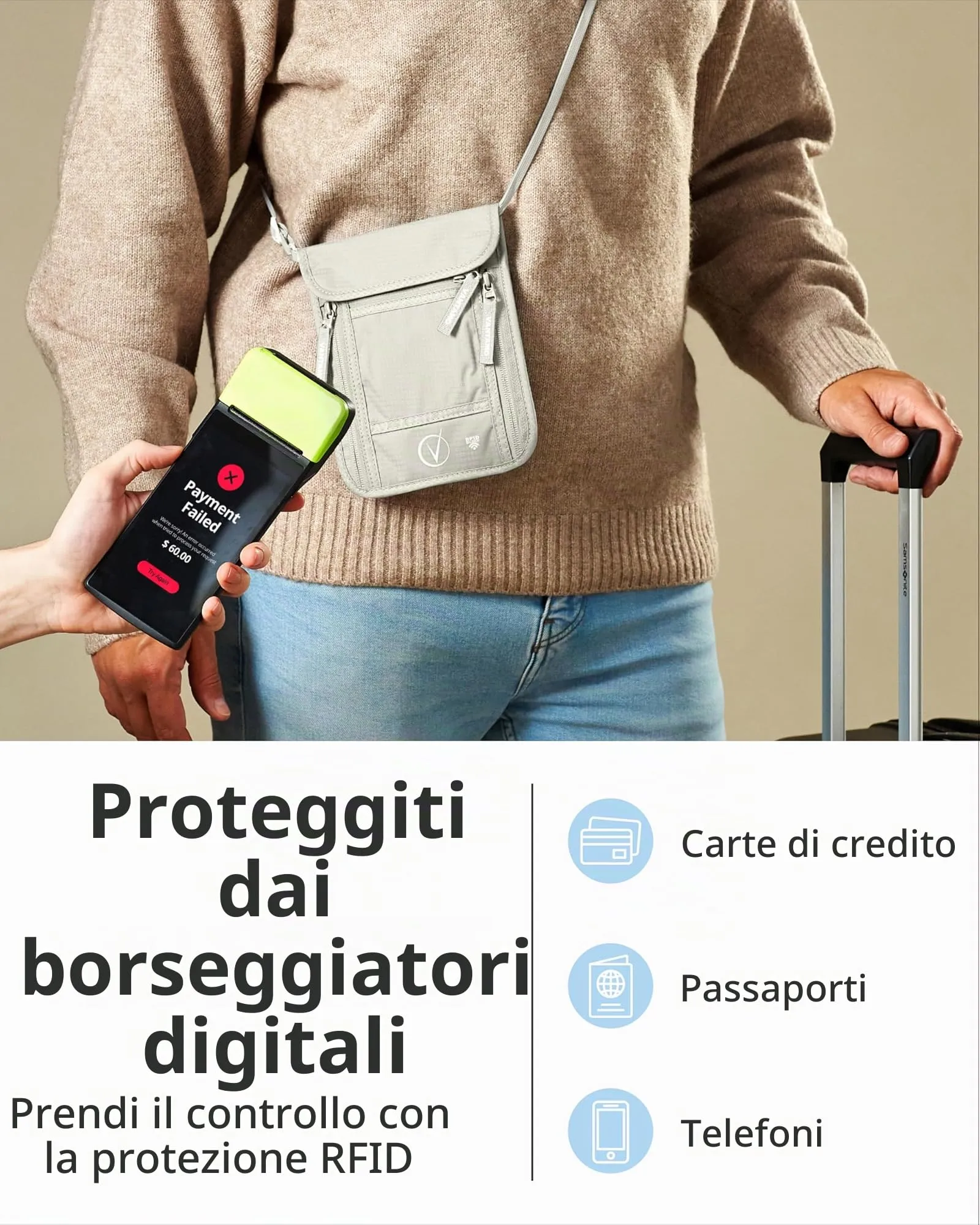 Vantamo Porta passaporto sottile per viaggi, protezione RFID, per uomini e donne, adatto per telefono, documenti e carte, Grigio Nuvola - immagine 3