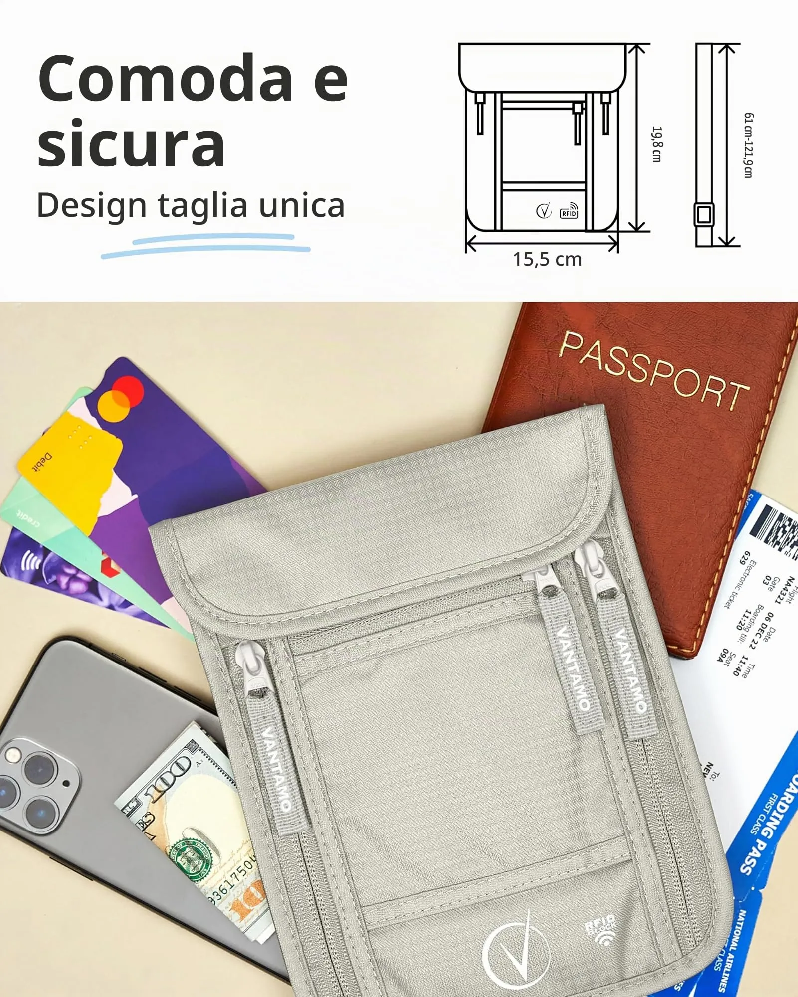 Vantamo Porta passaporto sottile per viaggi, protezione RFID, per uomini e donne, adatto per telefono, documenti e carte, Grigio Nuvola - immagine 4