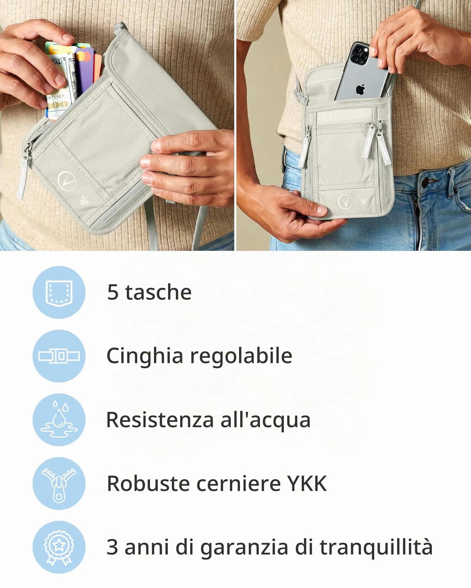 Vantamo Porta passaporto sottile per viaggi, protezione RFID, per uomini e donne, adatto per telefono, documenti e carte, Grigio Nuvola - immagine 5