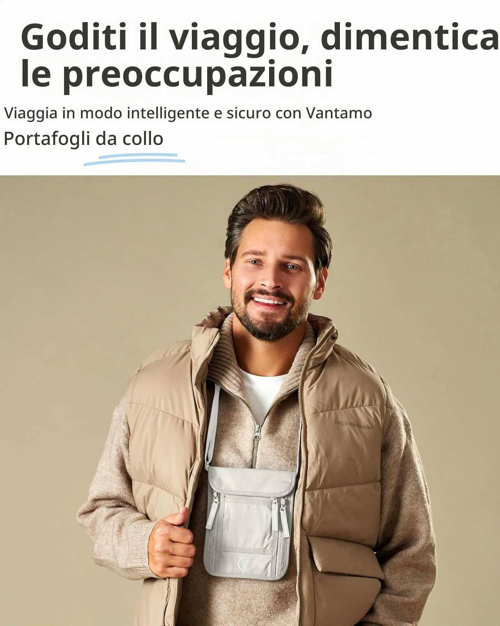 Vantamo Porta passaporto sottile per viaggi, protezione RFID, per uomini e donne, adatto per telefono, documenti e carte, Grigio Nuvola - immagine 6