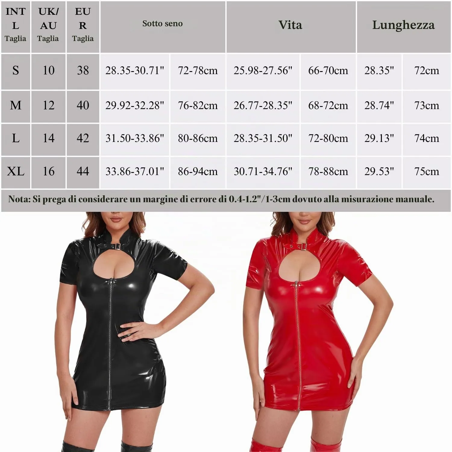 Gatamiau Donna Night Club Latex Pelle Abiti PVC Mini Abiti Cerniera Catsuit Abito Corto Clubwear Pole Dance Costume Wetlook Babydoll Lingerie Abito Nero Rosso S-XL (Rosso, M) - immagine 8