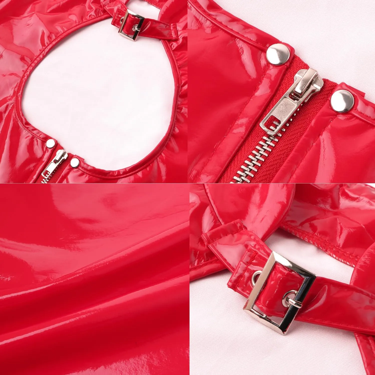 Gatamiau Donna Night Club Latex Pelle Abiti PVC Mini Abiti Cerniera Catsuit Abito Corto Clubwear Pole Dance Costume Wetlook Babydoll Lingerie Abito Nero Rosso S-XL (Rosso, XL) - immagine 5