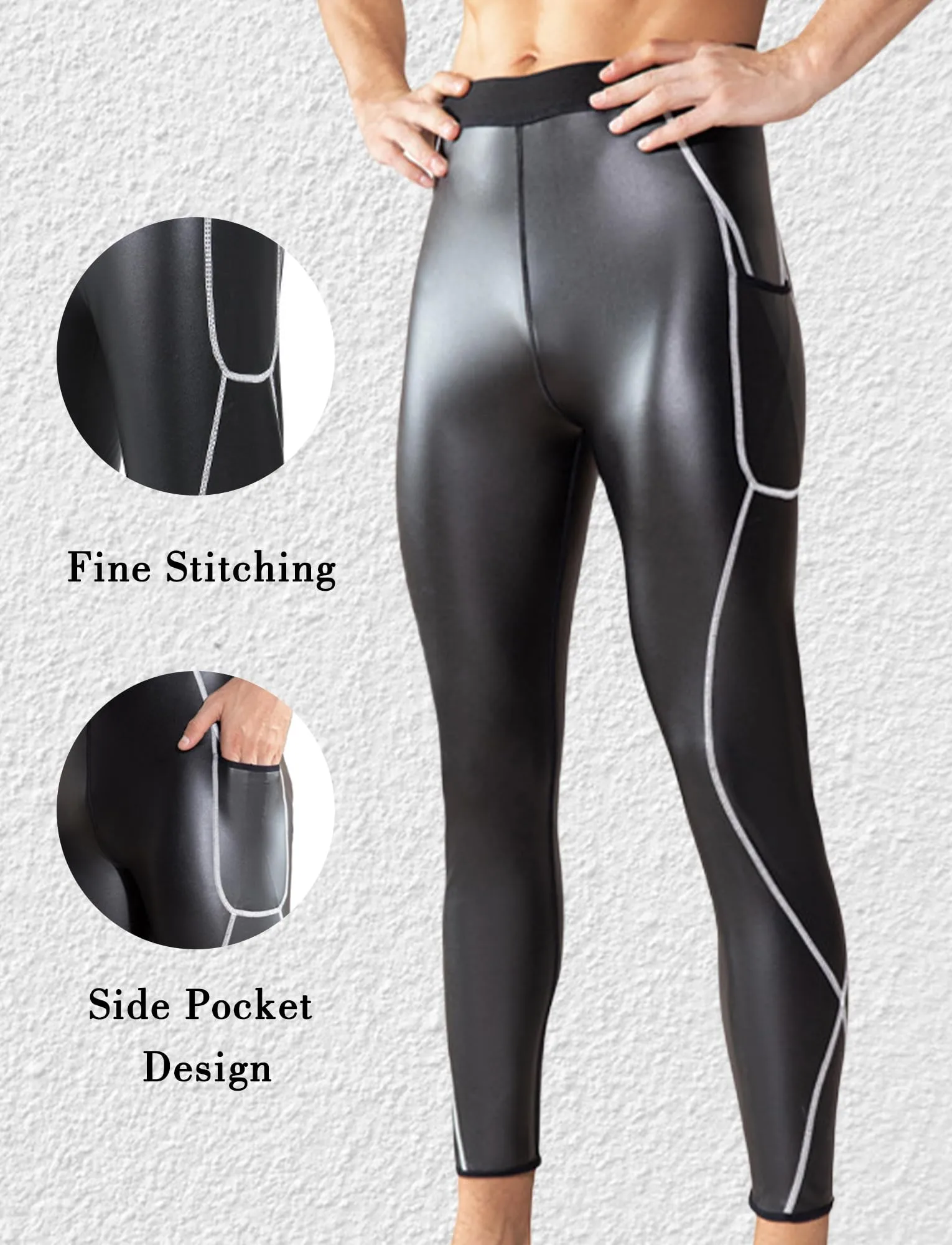 Ausing Leggings da Uomo in Pelle Vita Alta Pantaloni in Ecopelle Aderenti Leggings Sportivi con Tasche Costume da Festa Nero XL - immagine 4