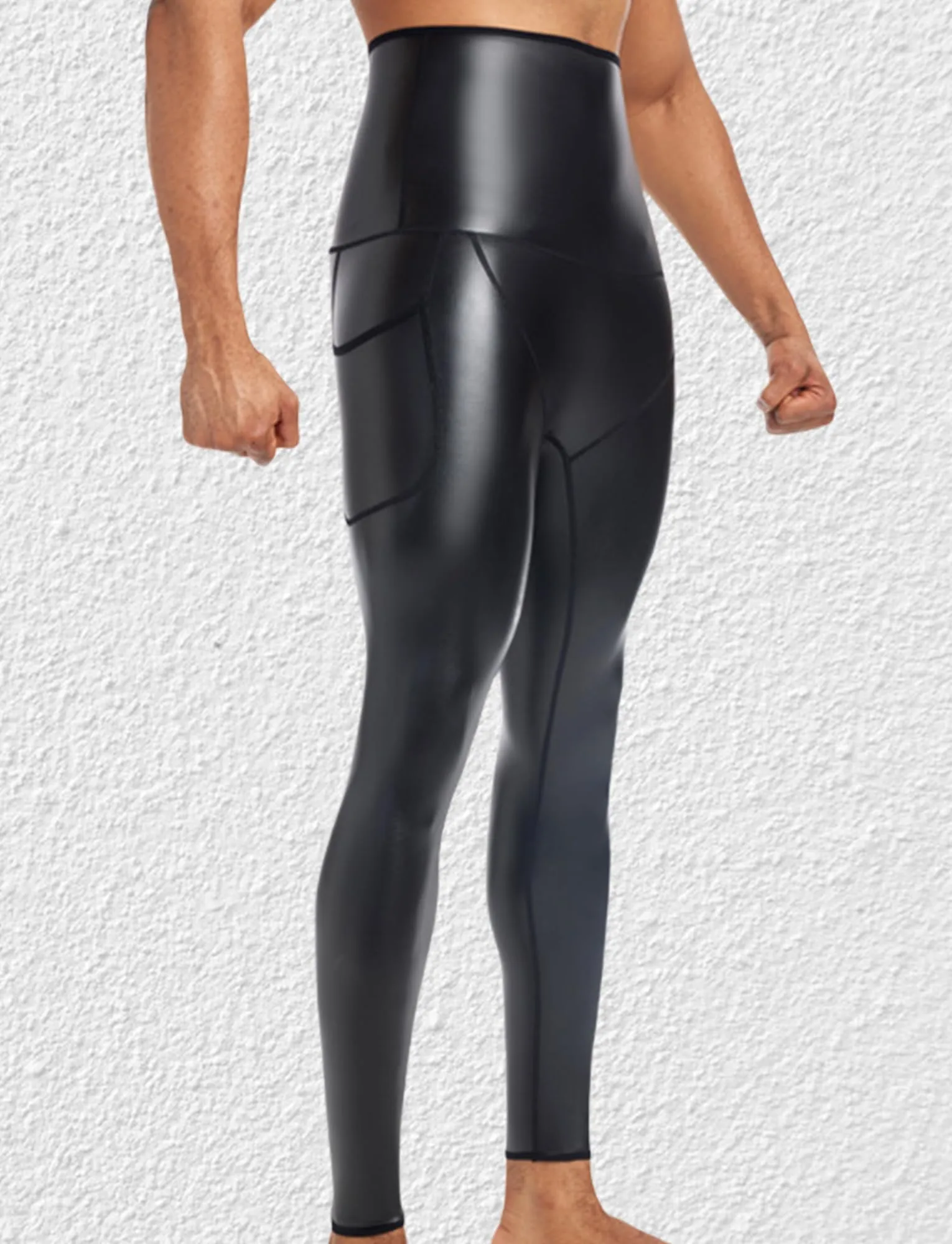 Ausing Pantaloni di Pelle da Uomo Leggings Lattice con Tasca Pantaloni in Ecopelle Vita Alta Abito per Halloween Wetlook Nero M - immagine 3