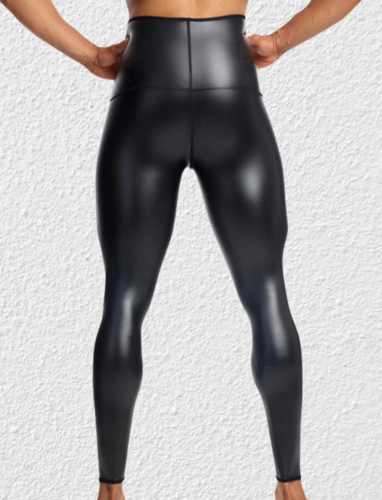 Ausing Leggings di Pelle da Uomo Pantaloni in Ecopelle Slim Fit Leggings Sportivi Vita Alta Wetlook Pantaloni Aderenti per Discoteca Clubwear Nero S - immagine 2