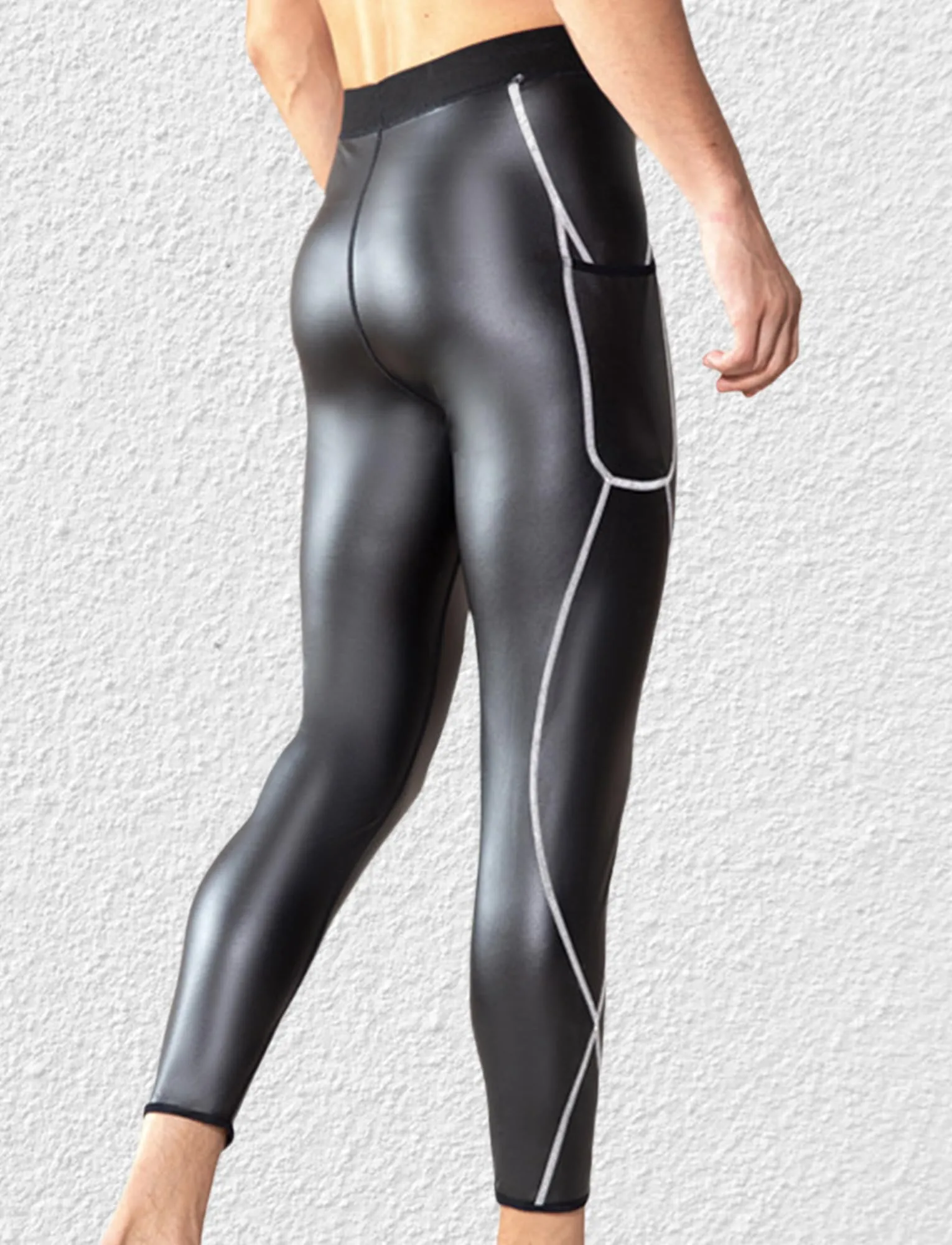 Ausing Leggings da Uomo in Pelle Vita Alta Pantaloni in Ecopelle Aderenti Leggings Sportivi con Tasche Costume da Festa Nero 3XL - immagine 2