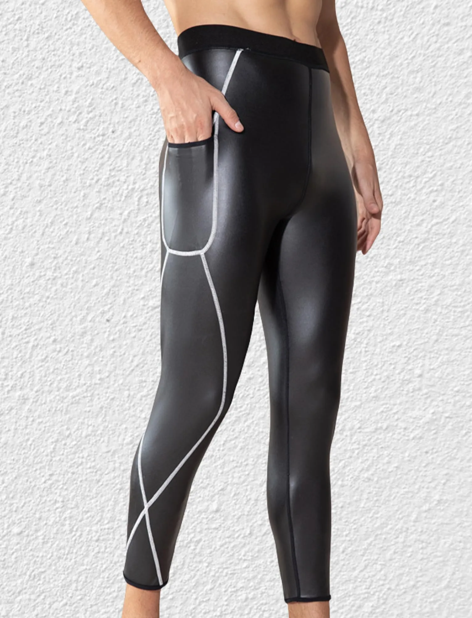 Ausing Leggings da Uomo in Pelle Vita Alta Pantaloni in Ecopelle Aderenti Leggings Sportivi con Tasche Costume da Festa Nero 3XL - immagine 3
