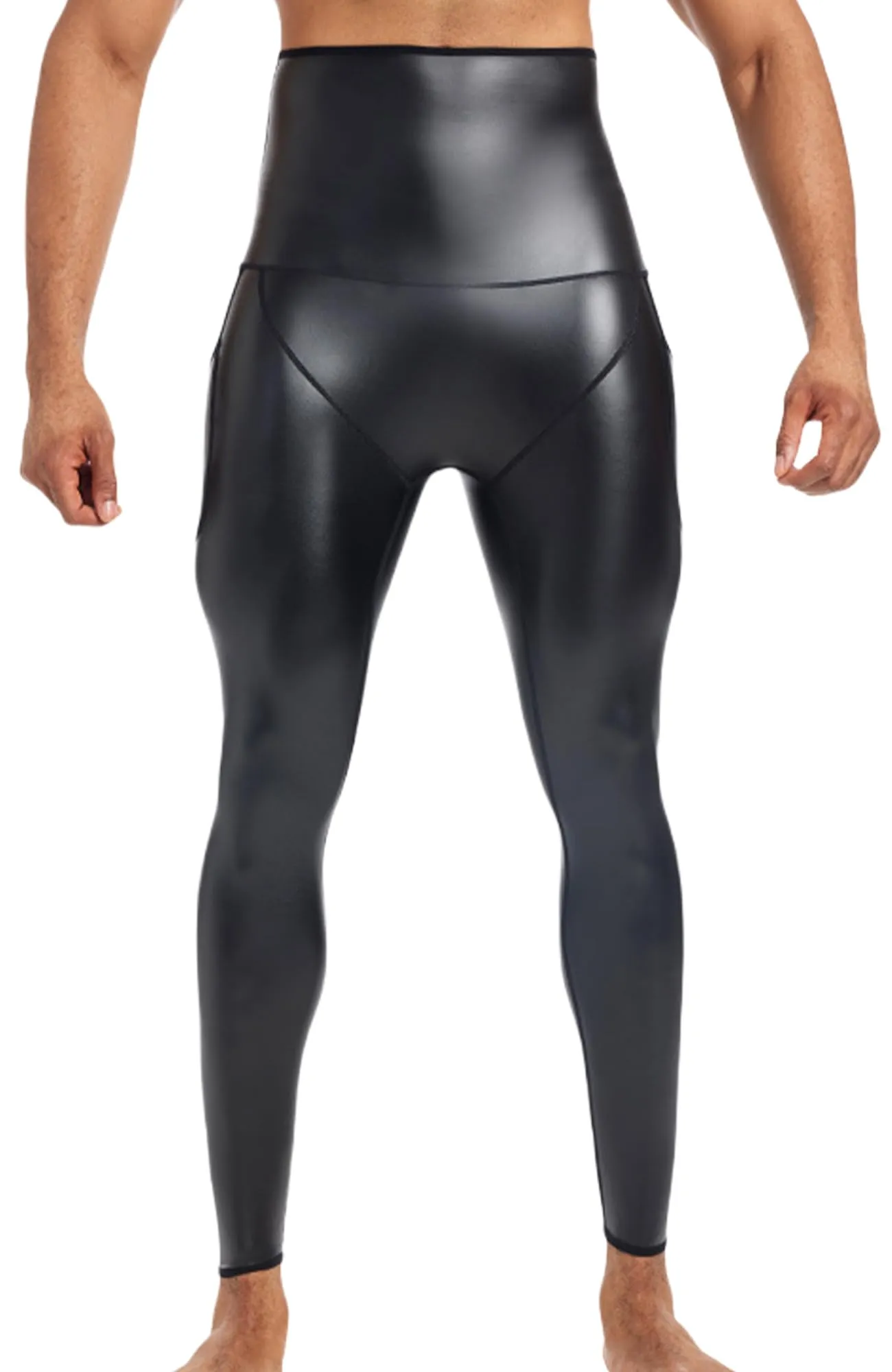 Ausing Pantaloni di Pelle da Uomo Leggings Lattice con Tasca Pantaloni in Ecopelle Vita Alta Abito per Halloween Wetlook Nero L - immagine 1