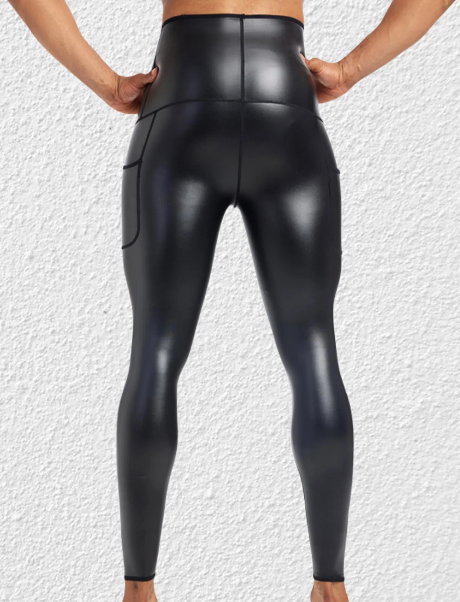 Ausing Pantaloni di Pelle da Uomo Leggings Lattice con Tasca Pantaloni in Ecopelle Vita Alta Abito per Halloween Wetlook Nero S - immagine 2