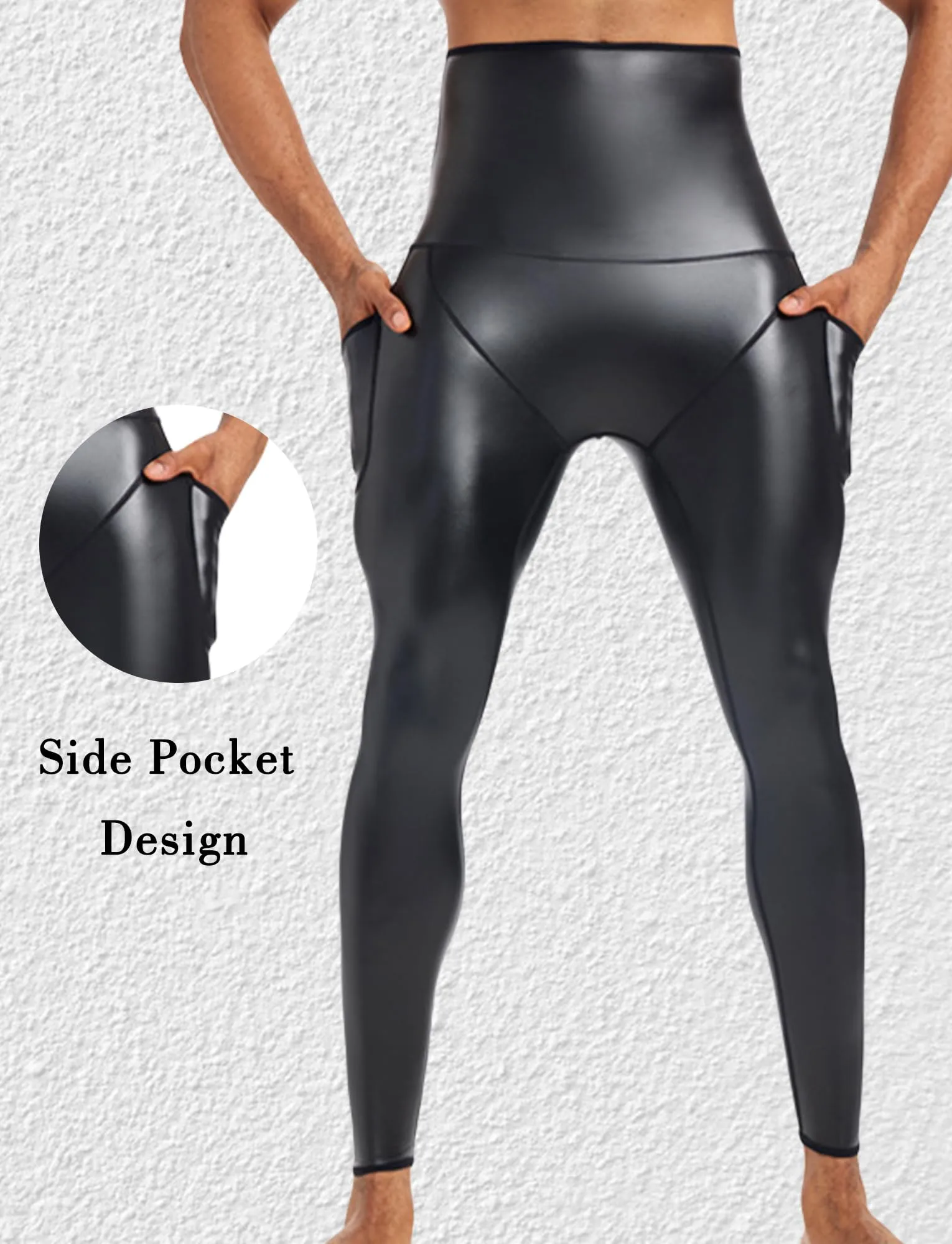 Ausing Pantaloni di Pelle da Uomo Leggings Lattice con Tasca Pantaloni in Ecopelle Vita Alta Abito per Halloween Wetlook Nero S - immagine 4