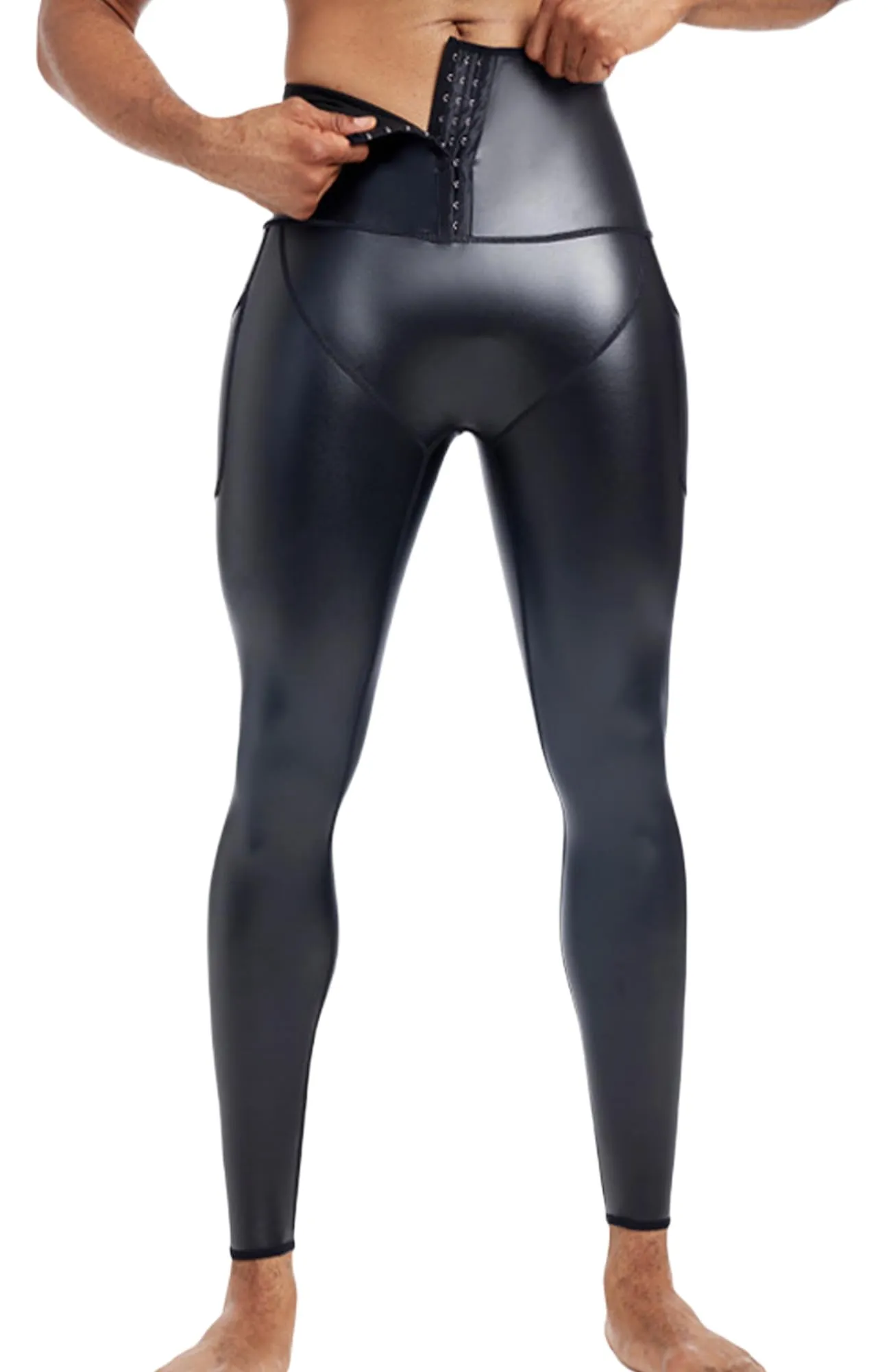 Ausing Pantaloni in Ecopelle Slim Fit Leggings Sportivi da Uomo con Tasche Vita Alta Pantaloni in Pelle Elasticizzati Moto con Effetto Bagnato Nero L - immagine 1