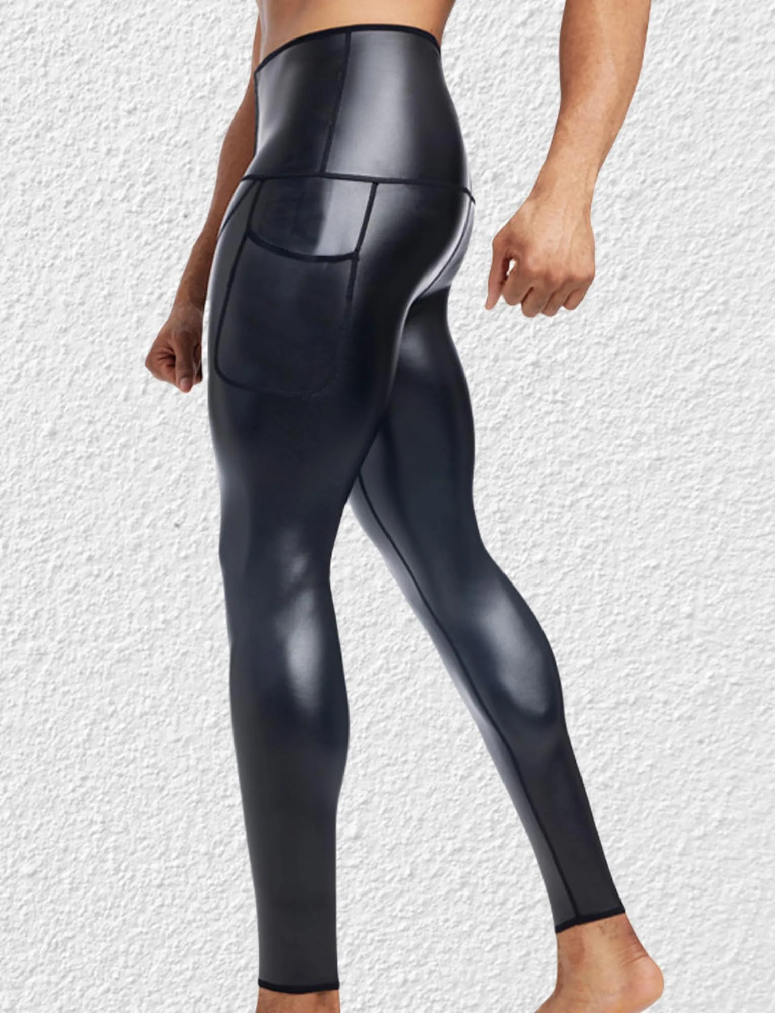 Ausing Pantaloni in Ecopelle Slim Fit Leggings Sportivi da Uomo con Tasche Vita Alta Pantaloni in Pelle Elasticizzati Moto con Effetto Bagnato Nero L - immagine 3