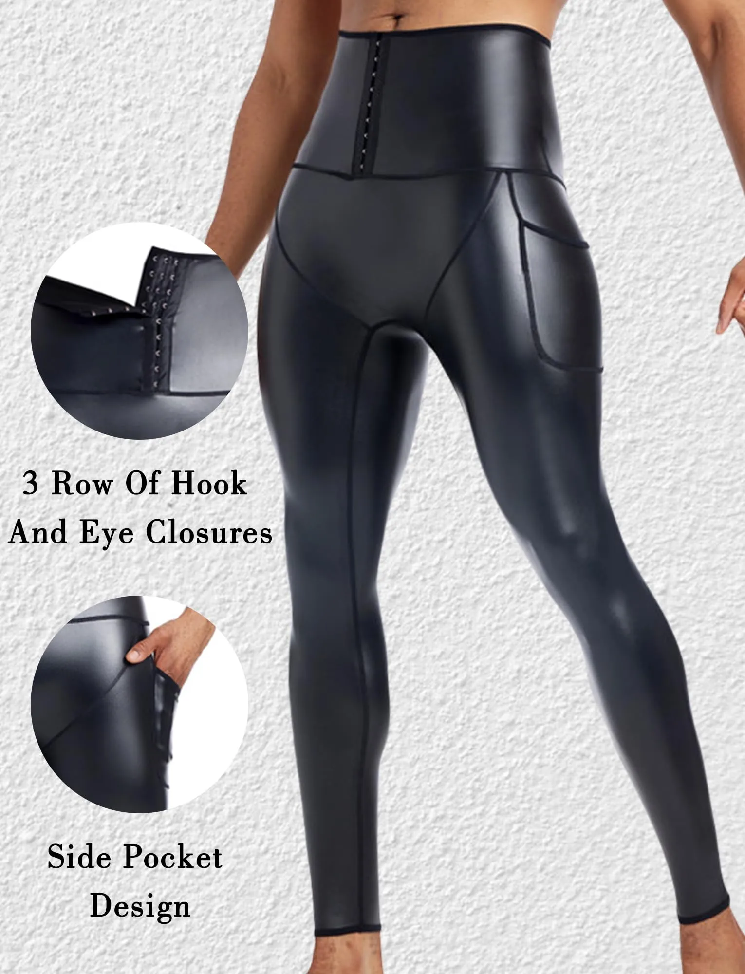 Ausing Pantaloni in Ecopelle Slim Fit Leggings Sportivi da Uomo con Tasche Vita Alta Pantaloni in Pelle Elasticizzati Moto con Effetto Bagnato Nero L - immagine 4