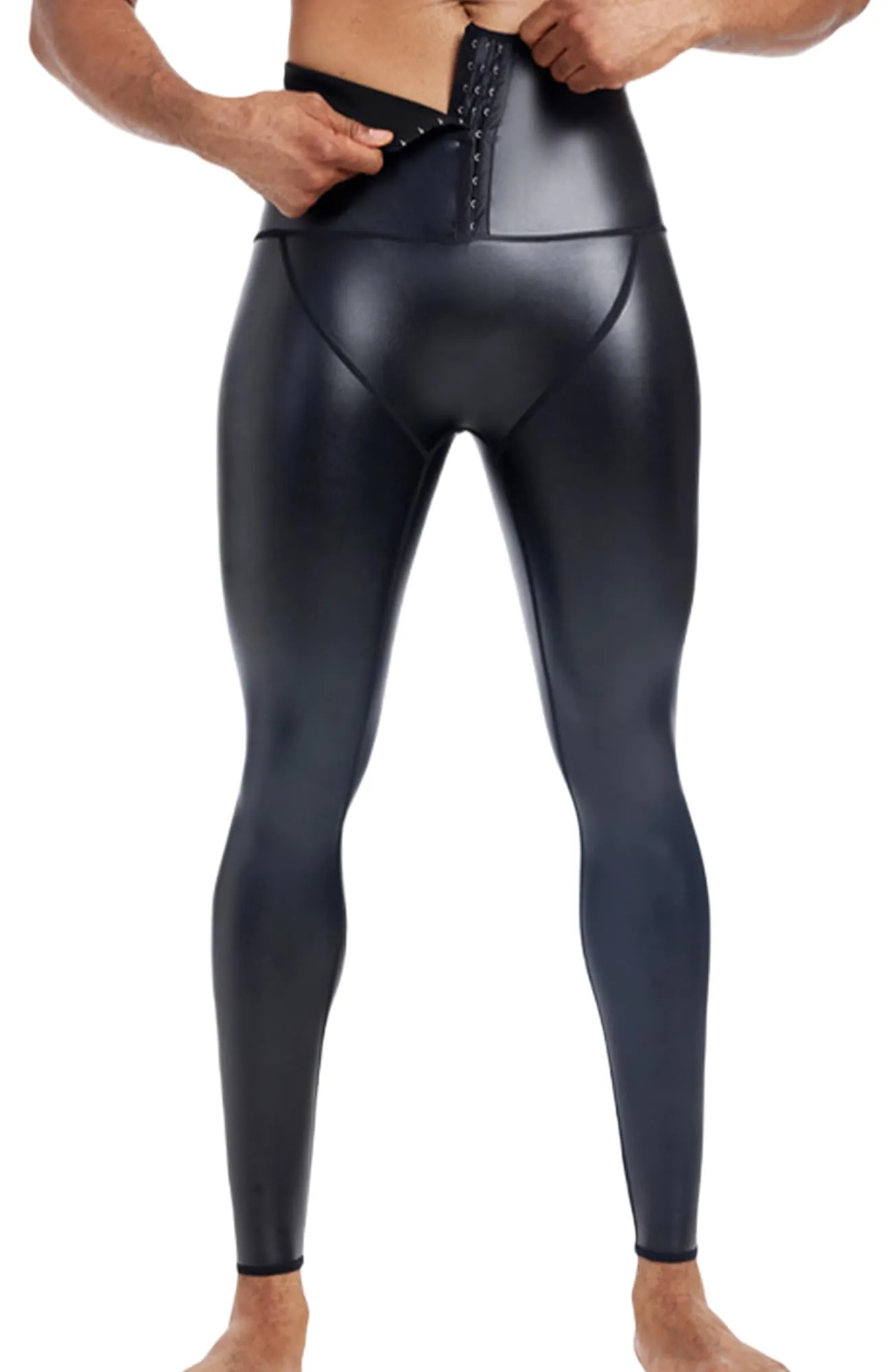 Ausing Leggings da Uomo in Pelle Pantaloni Slim Fit Uomo Vita Alta Leggings Sportivi con Effetto Bagnato Moto Pants Costume da Festa Nero S - immagine 1
