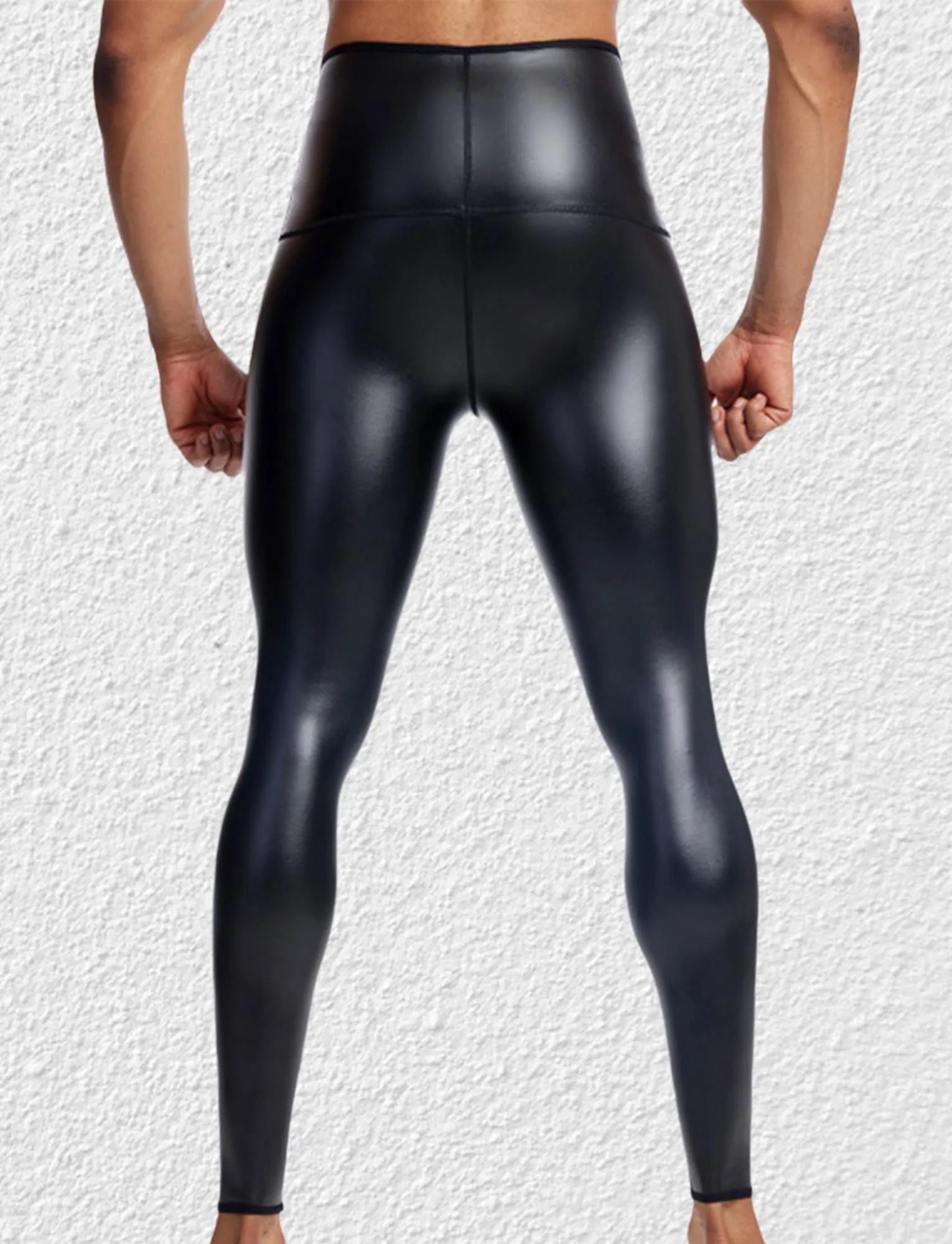 Ausing Leggings da Uomo in Pelle Pantaloni Slim Fit Uomo Vita Alta Leggings Sportivi con Effetto Bagnato Moto Pants Costume da Festa Nero S - immagine 2