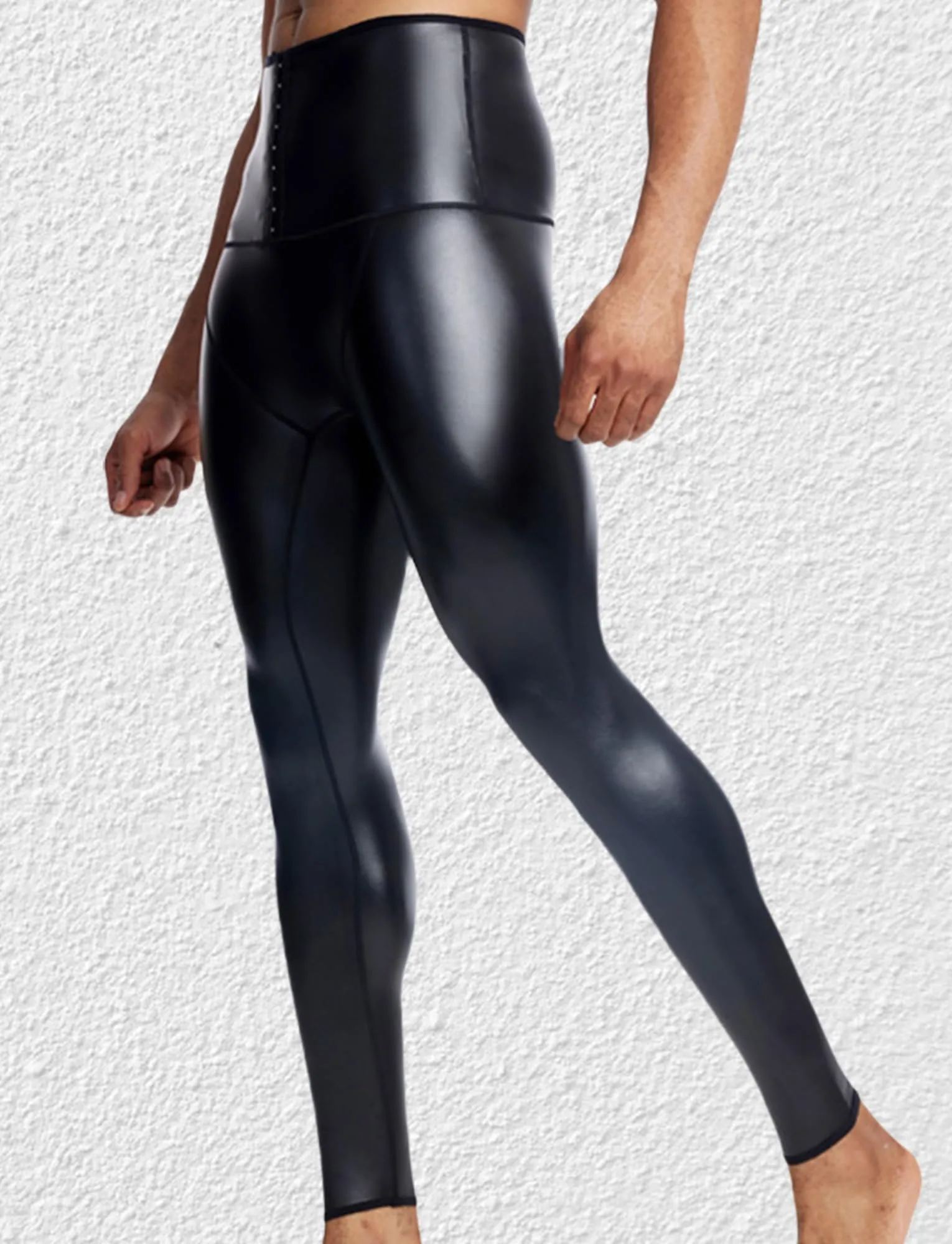 Ausing Leggings da Uomo in Pelle Pantaloni Slim Fit Uomo Vita Alta Leggings Sportivi con Effetto Bagnato Moto Pants Costume da Festa Nero M - immagine 3