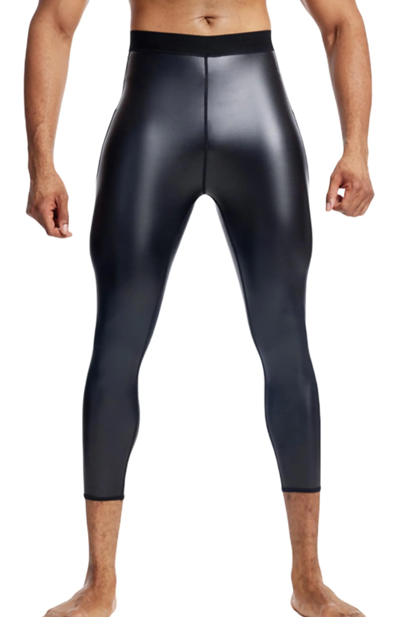 Ausing Leggings Sportivi con Tasche Pantaloni Uomo in Ecopelle Slim Fit Pantaloni in Pelle Vita Alta Wetlook Costume da Festa Nero 4XL - immagine 1