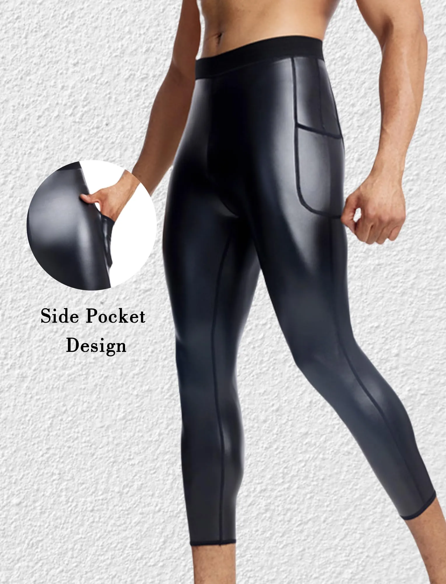 Ausing Leggings Sportivi con Tasche Pantaloni Uomo in Ecopelle Slim Fit Pantaloni in Pelle Vita Alta Wetlook Costume da Festa Nero 3XL - immagine 4