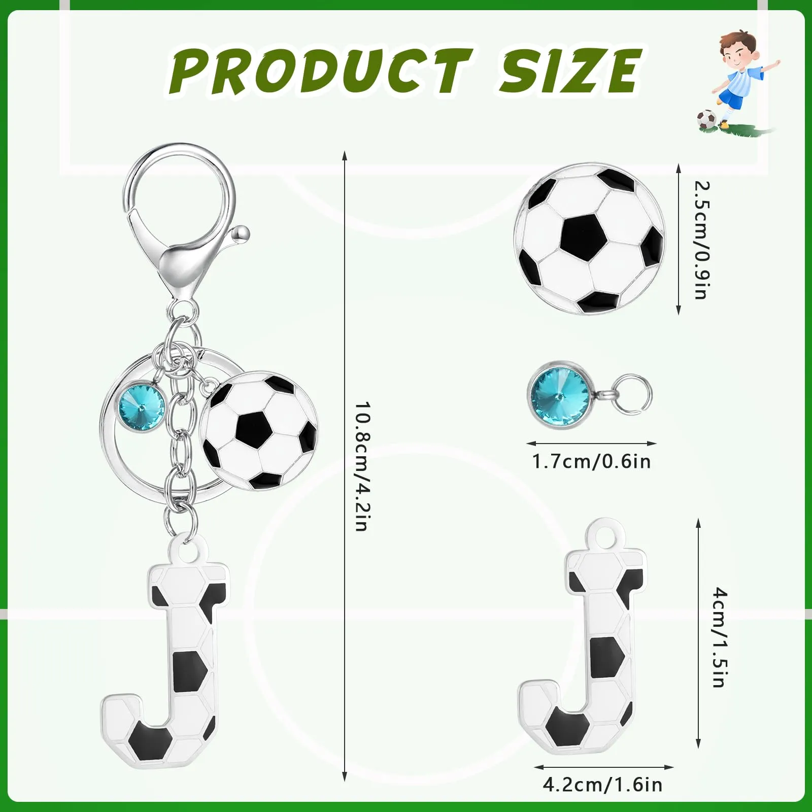 MWOOT Portachiavi Calcio Lettera Iniziale, Portachiavi Alfabeto con Ciondoli a Calcio, Portachiavi Sport Regalo Calcio per Amanti del Calcio, Charms per Borse Zaino Accessori(J) - immagine 2
