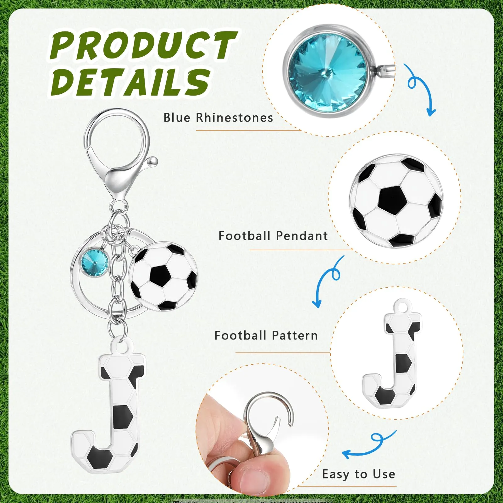 MWOOT Portachiavi Calcio Lettera Iniziale, Portachiavi Alfabeto con Ciondoli a Calcio, Portachiavi Sport Regalo Calcio per Amanti del Calcio, Charms per Borse Zaino Accessori(J) - immagine 3