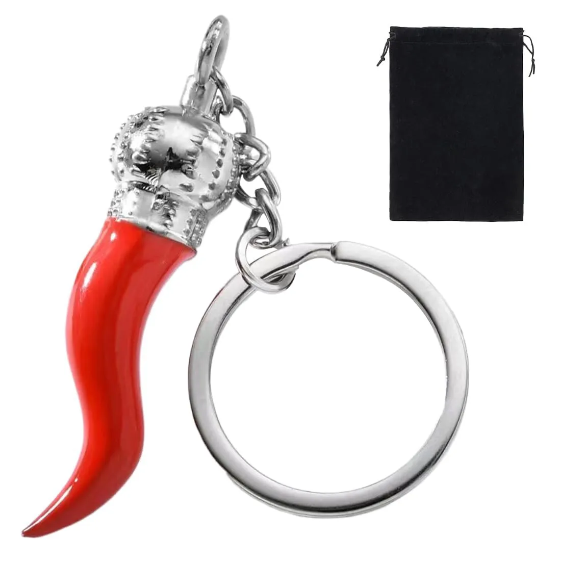 Portachiavi uomo donna in acciaio personalizzato, portachiavi portafortuna, Portachiave Corna e corno rosso portafortuna, per Compleanno, San Valentino, Anniversario (Argento/Piccolo) - immagine 1