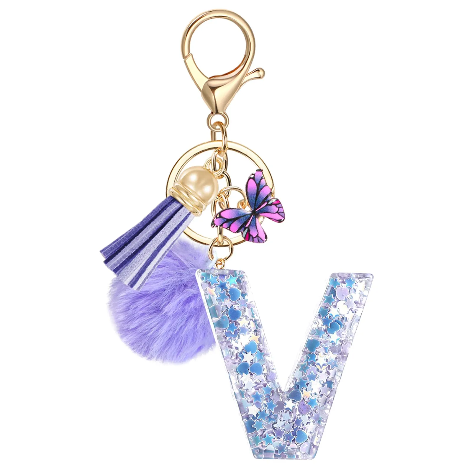 JSRQT Portachiavi da Ragazza Donna Viola Farfallina con Lettera Iniziale Nome V Ciondoli in Resina Personalizzare Regalo Legami Borsa per Auto Chiave Della Porta Macchina Zaino Pendenti Decor - immagine 1