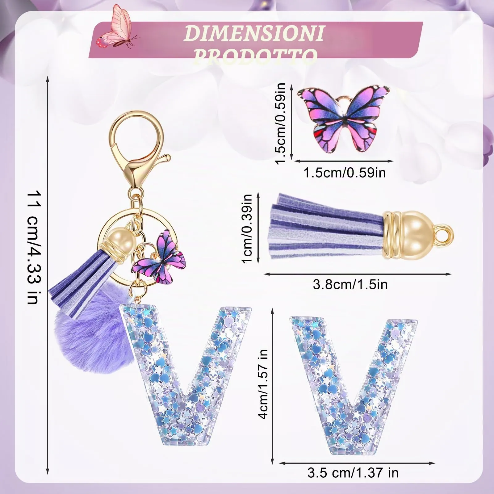 JSRQT Portachiavi da Ragazza Donna Viola Farfallina con Lettera Iniziale Nome V Ciondoli in Resina Personalizzare Regalo Legami Borsa per Auto Chiave Della Porta Macchina Zaino Pendenti Decor - immagine 2
