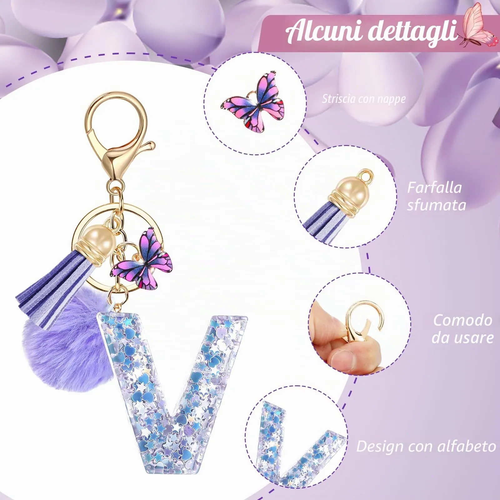 JSRQT Portachiavi da Ragazza Donna Viola Farfallina con Lettera Iniziale Nome V Ciondoli in Resina Personalizzare Regalo Legami Borsa per Auto Chiave Della Porta Macchina Zaino Pendenti Decor - immagine 4