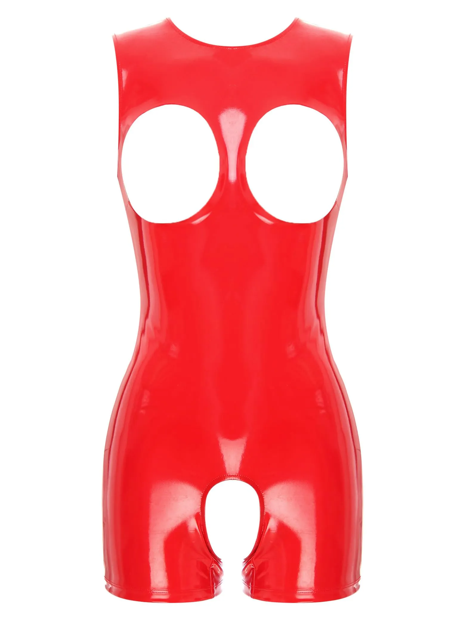 Sxiwei Women Wetlook Bodysuit Ouvert Calze Corte Latex Catsuit Pelle Lucida Tuta Jumpsuit Senza Maniche Canottiera Hot Pants Sexy Lingerie Abbigliamento Da Club Rosso 3XL - immagine 1