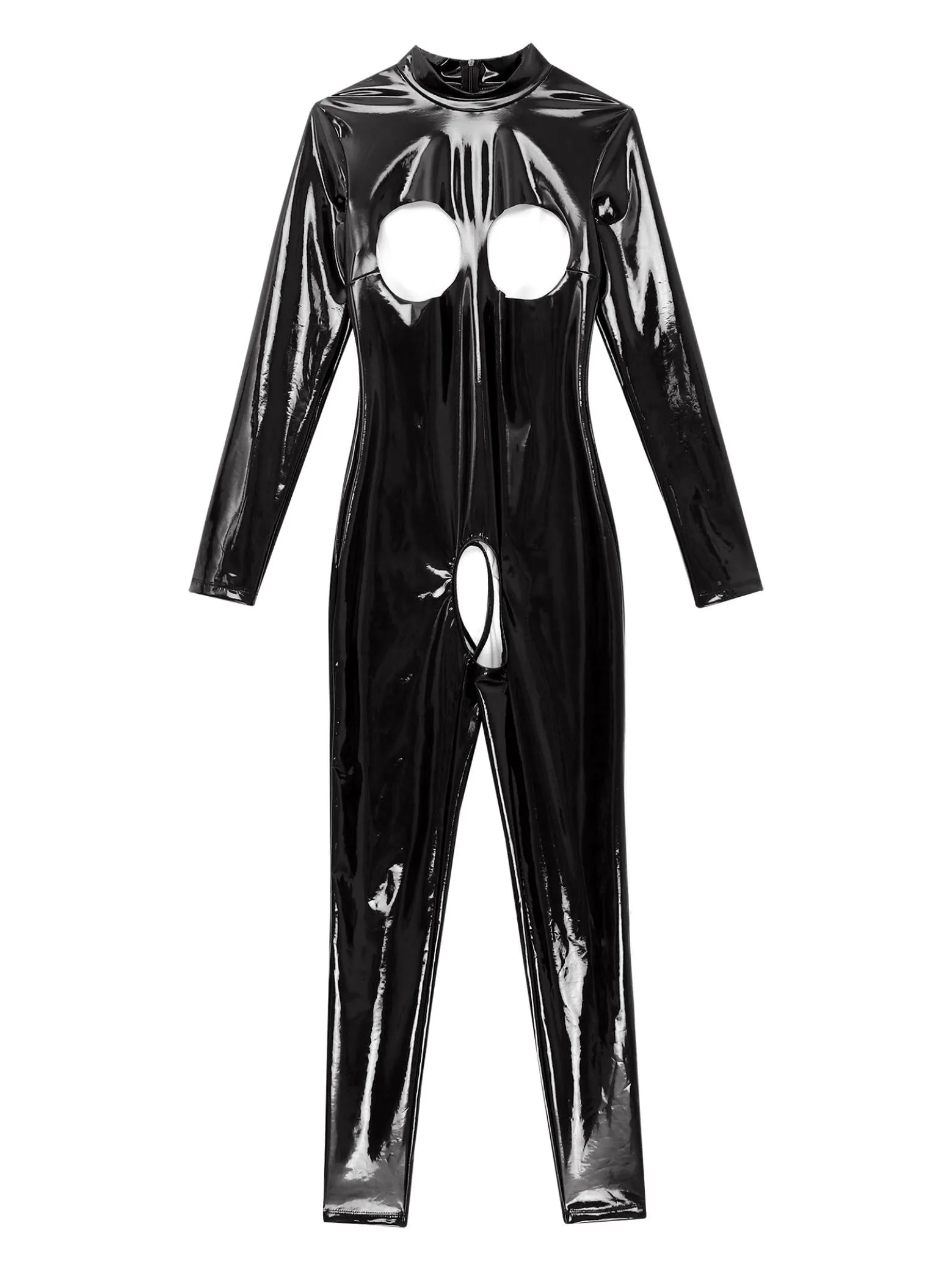 Sxiwei Donna Wetlook Bodysuit Ouvert Pantaloni Latex Catsuit Lucido Pelle Tuta Jumpsuit Maniche Lunghe Hot Pants Lingerie Gogo Abbigliamento Da Club Nero M - immagine 2