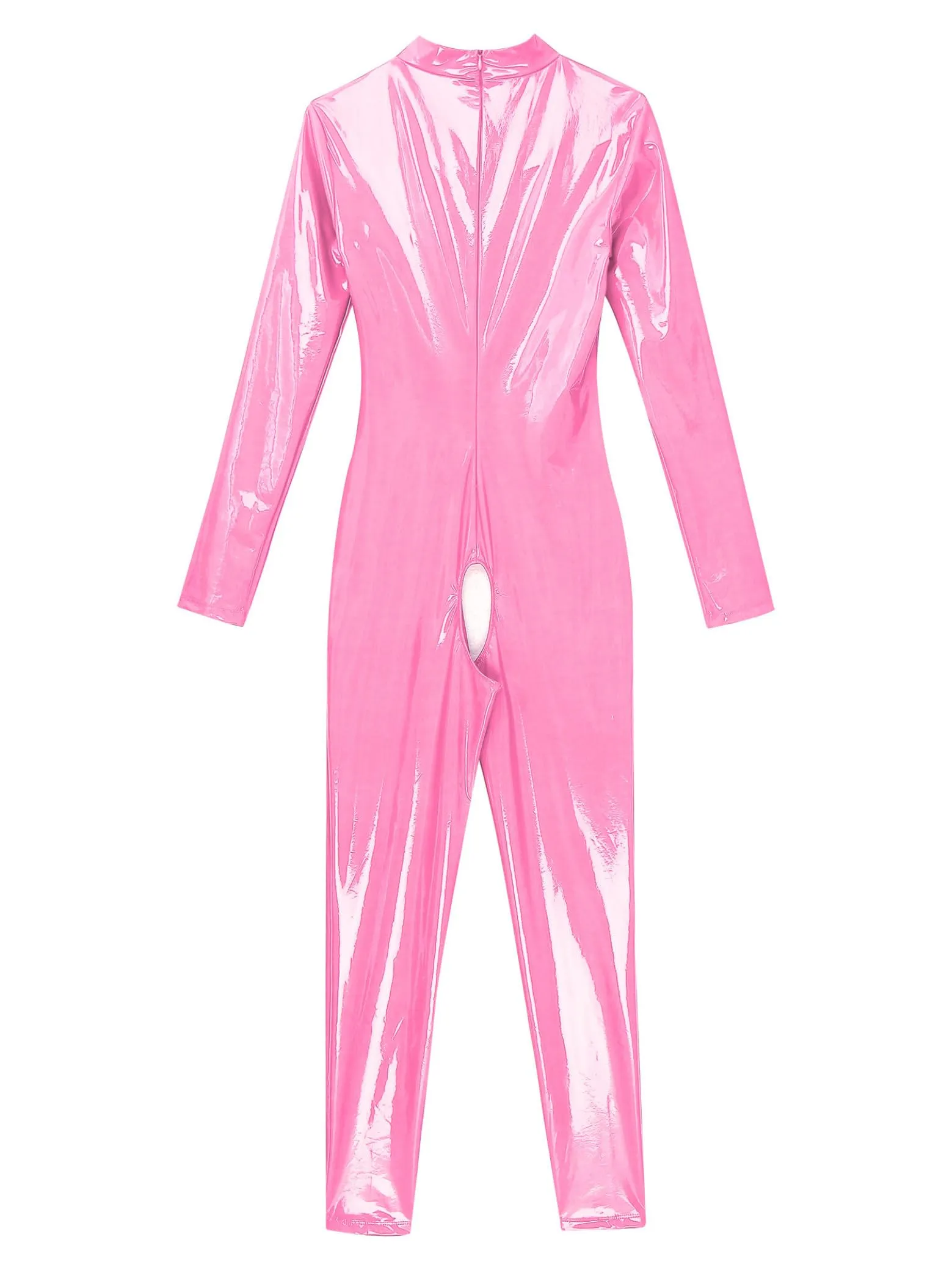 Sxiwei Donna Wetlook Bodysuit Ouvert Pantaloni Latex Catsuit Lucido Pelle Tuta Jumpsuit Maniche Lunghe Hot Pants Lingerie Gogo Abbigliamento Da Club Rosa scuro XXL - immagine 3