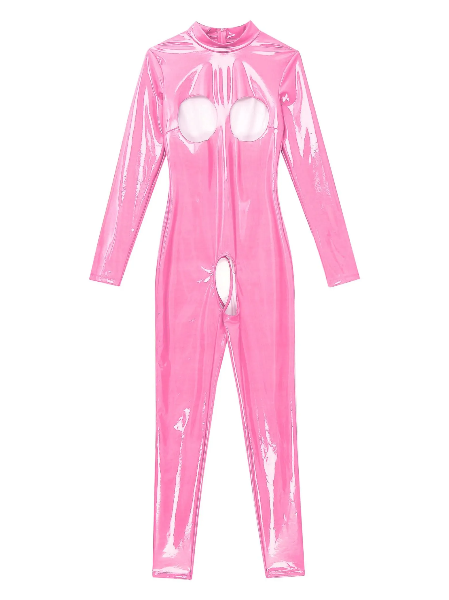 Sxiwei Donna Wetlook Bodysuit Ouvert Pantaloni Latex Catsuit Lucido Pelle Tuta Jumpsuit Maniche Lunghe Hot Pants Lingerie Gogo Abbigliamento Da Club Rosa scuro S - immagine 2